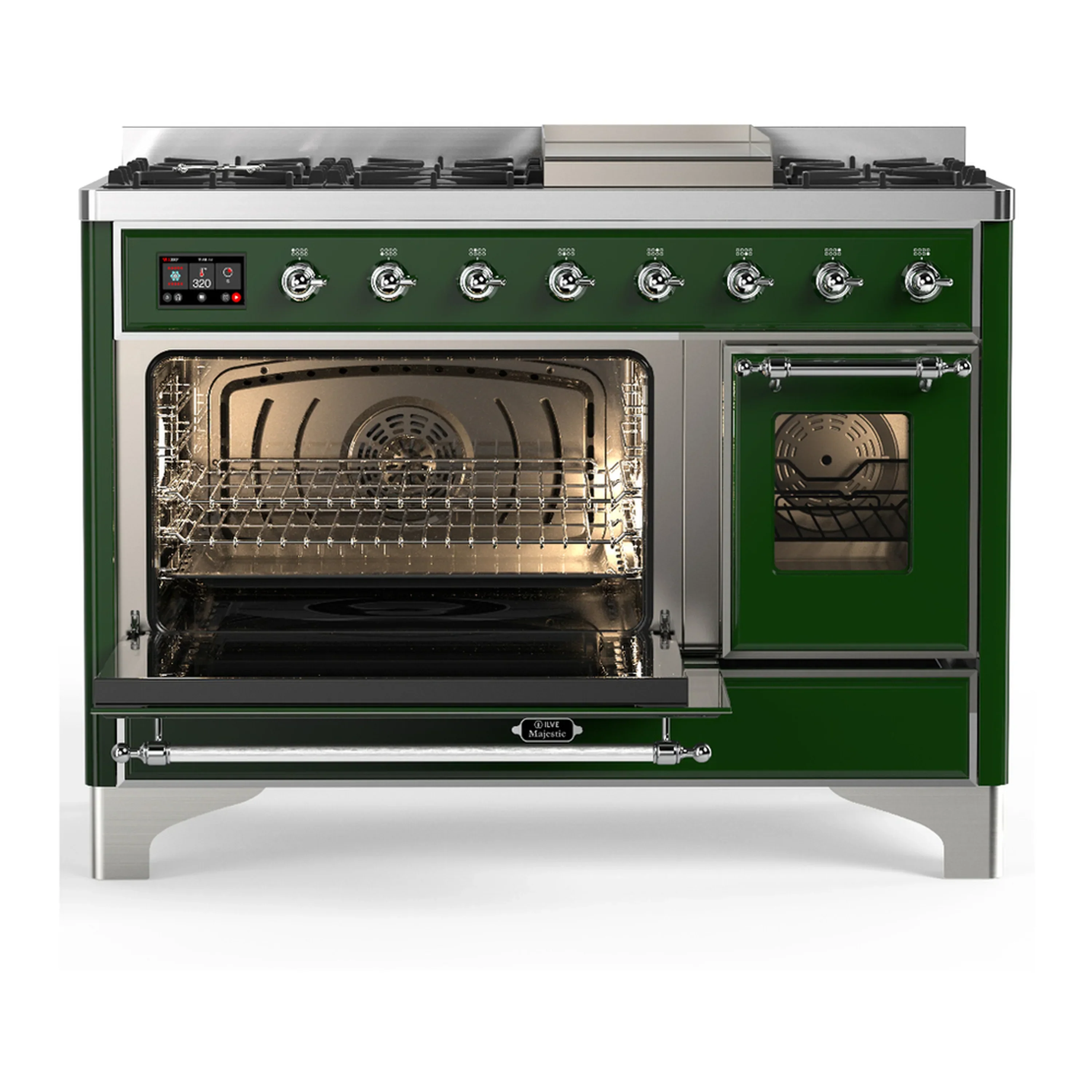 ILVE Majestic III 48-inch Dual Fuel Range with 5 Natural Gas Burner, Griddle and Triple Glass Door Electric Oven in Emerald Green with Chrome Trim (UM48FNR3EGC) - Image 5