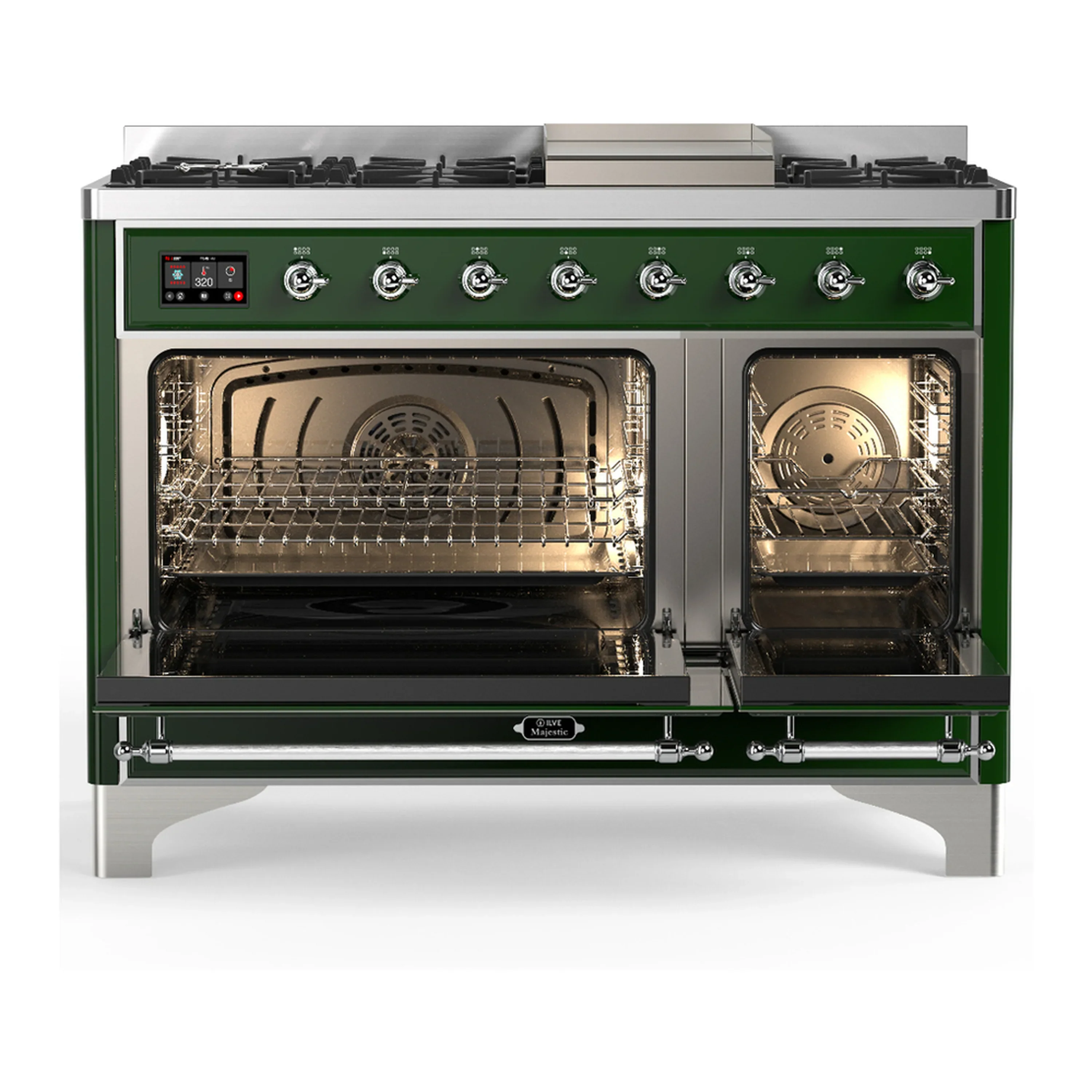 ILVE Majestic III 48-inch Dual Fuel Range with 5 Natural Gas Burner, Griddle and Triple Glass Door Electric Oven in Emerald Green with Chrome Trim (UM48FNR3EGC) - Image 6