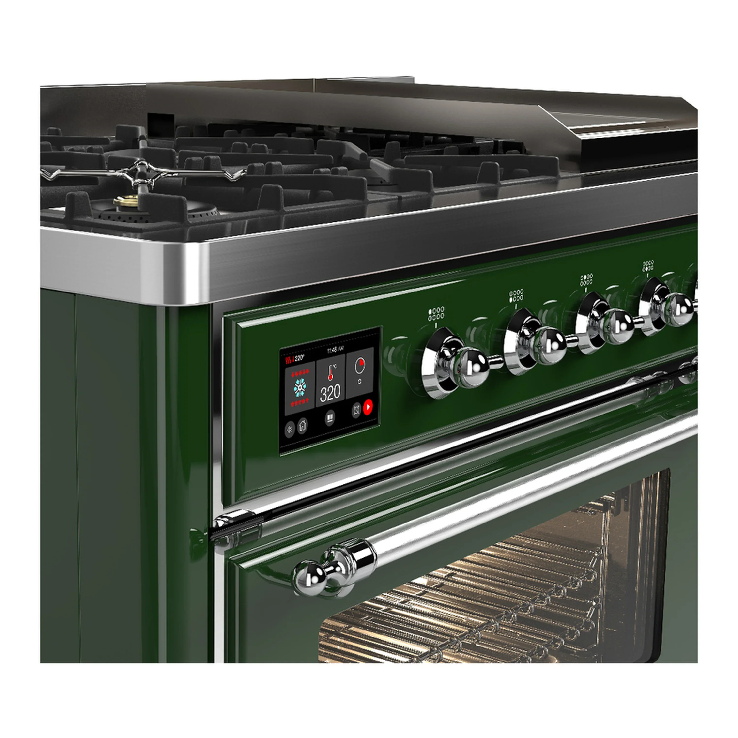 ILVE Majestic III 48-inch Dual Fuel Range with 5 Natural Gas Burner, Griddle and Triple Glass Door Electric Oven in Emerald Green with Chrome Trim (UM48FNR3EGC) - Image 7