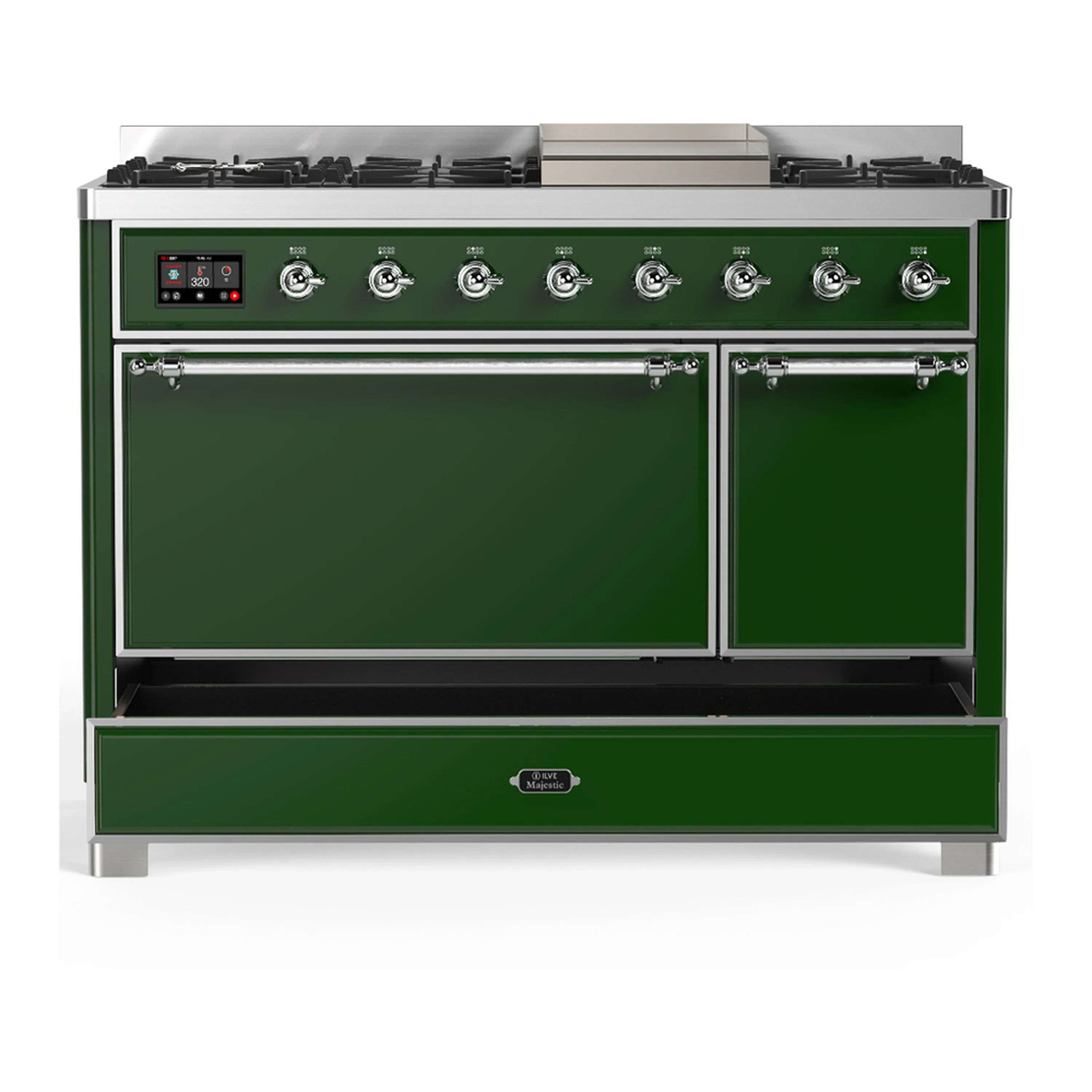 ILVE Majestic III 48-inch Dual Fuel Range with 5 Natural Gas Burner, Griddle and Solid Door Electric Oven in Emerald Green with Chrome Trim (UM48FQNR3EGC) - Image 3