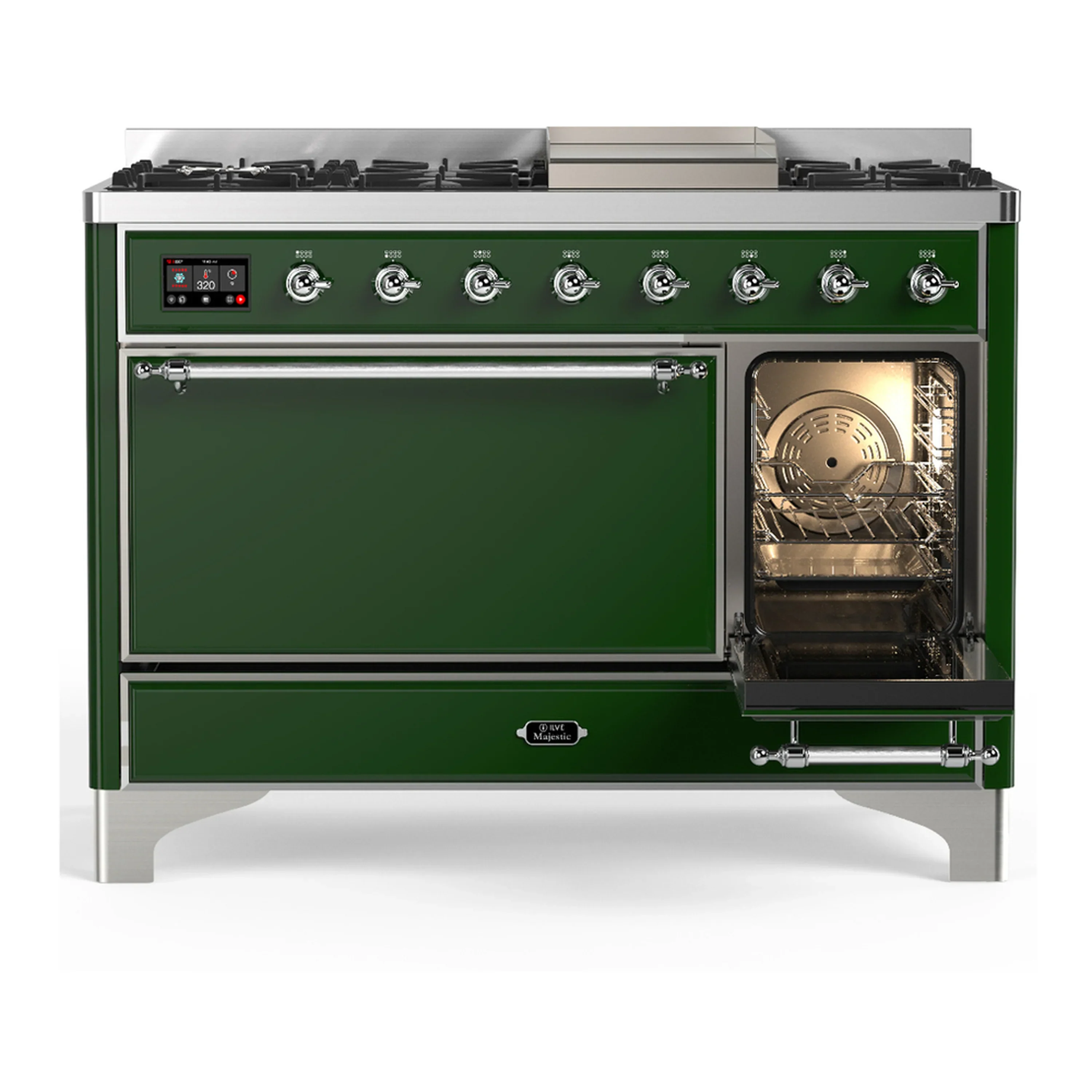 ILVE Majestic III 48-inch Dual Fuel Range with 5 Natural Gas Burner, Griddle and Solid Door Electric Oven in Emerald Green with Chrome Trim (UM48FQNR3EGC) - Image 4
