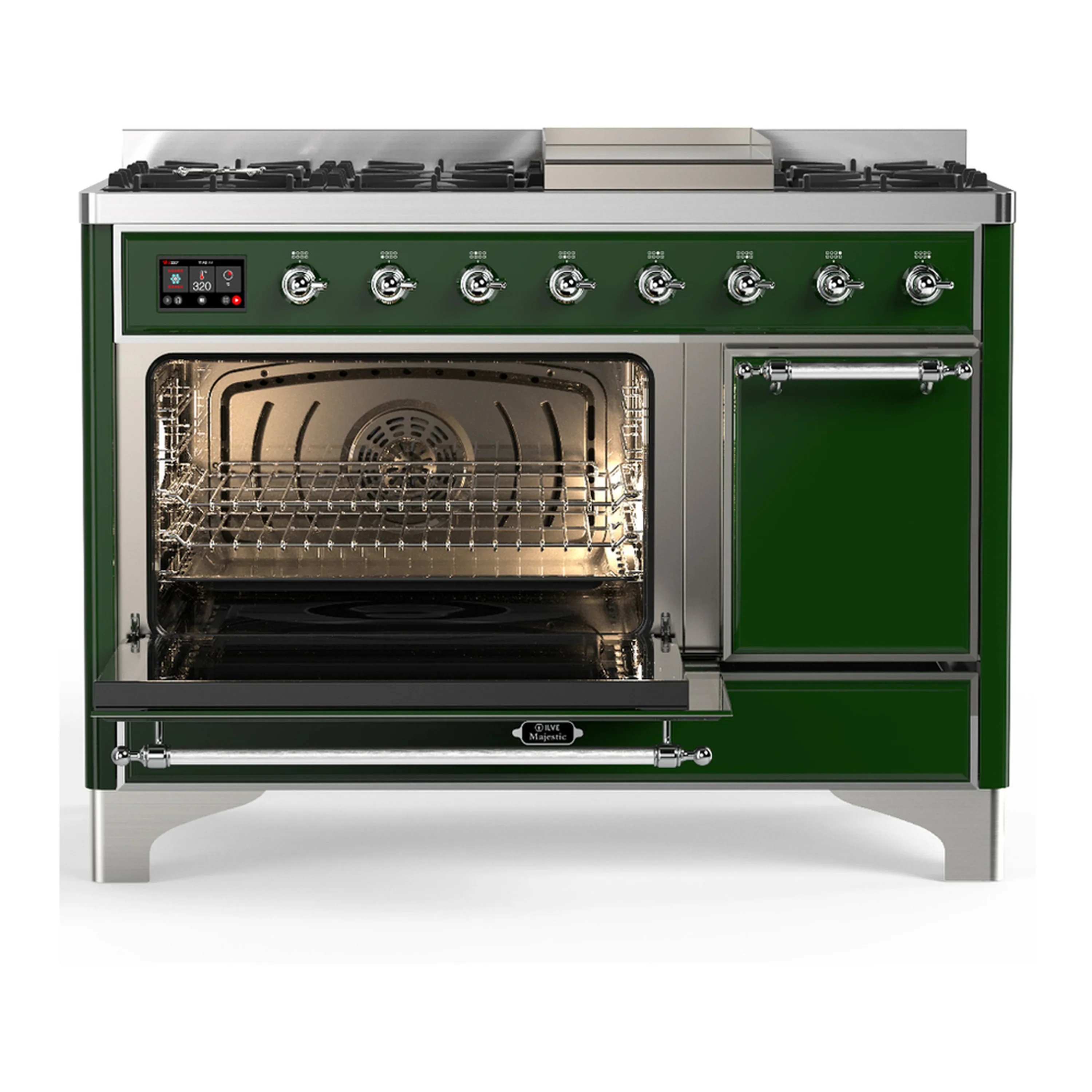 ILVE Majestic III 48-inch Dual Fuel Range with 5 Natural Gas Burner, Griddle and Solid Door Electric Oven in Emerald Green with Chrome Trim (UM48FQNR3EGC) - Image 5