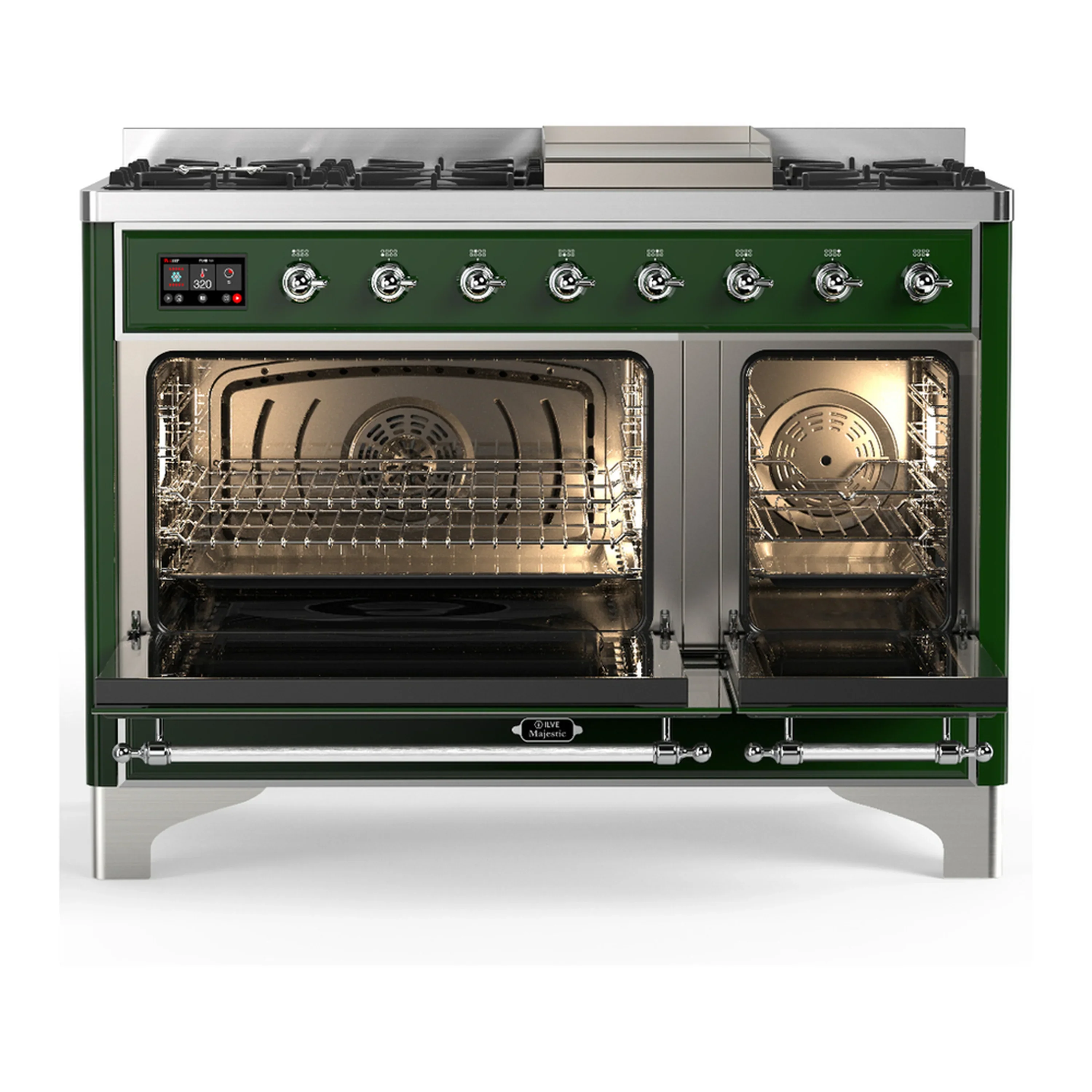 ILVE Majestic III 48-inch Dual Fuel Range with 5 Natural Gas Burner, Griddle and Solid Door Electric Oven in Emerald Green with Chrome Trim (UM48FQNR3EGC) - Image 6
