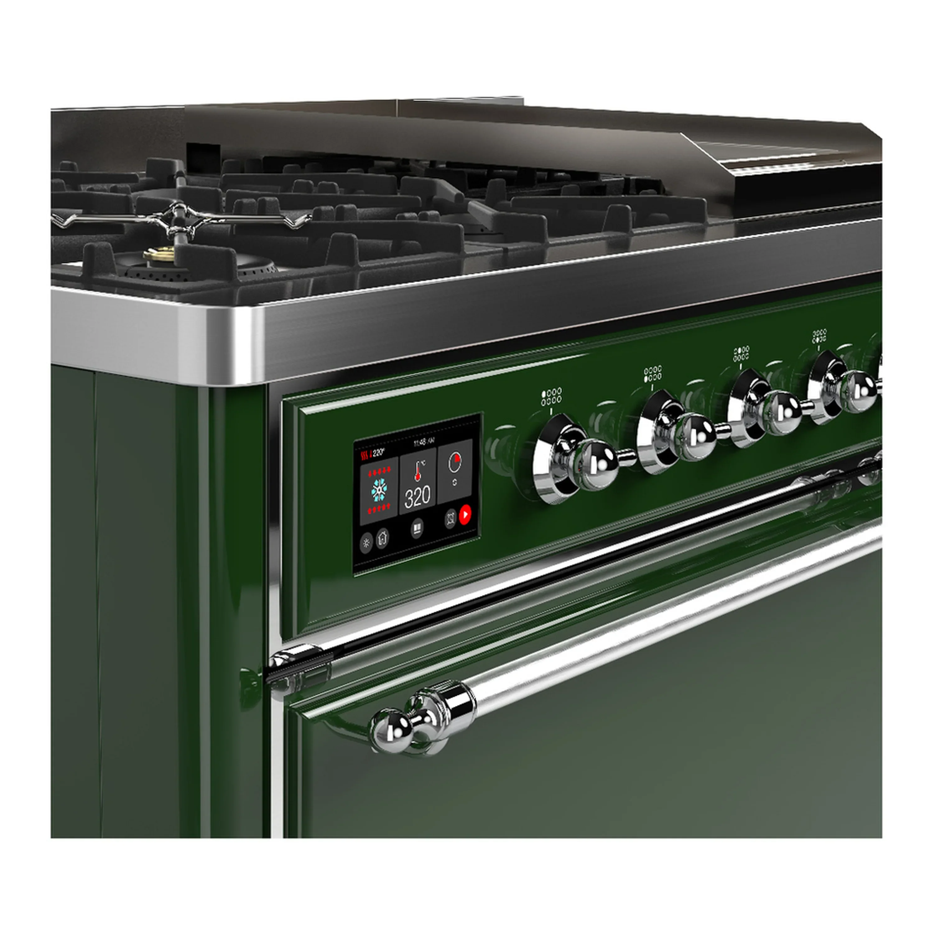 ILVE Majestic III 48-inch Dual Fuel Range with 5 Natural Gas Burner, Griddle and Solid Door Electric Oven in Emerald Green with Chrome Trim (UM48FQNR3EGC) - Image 7