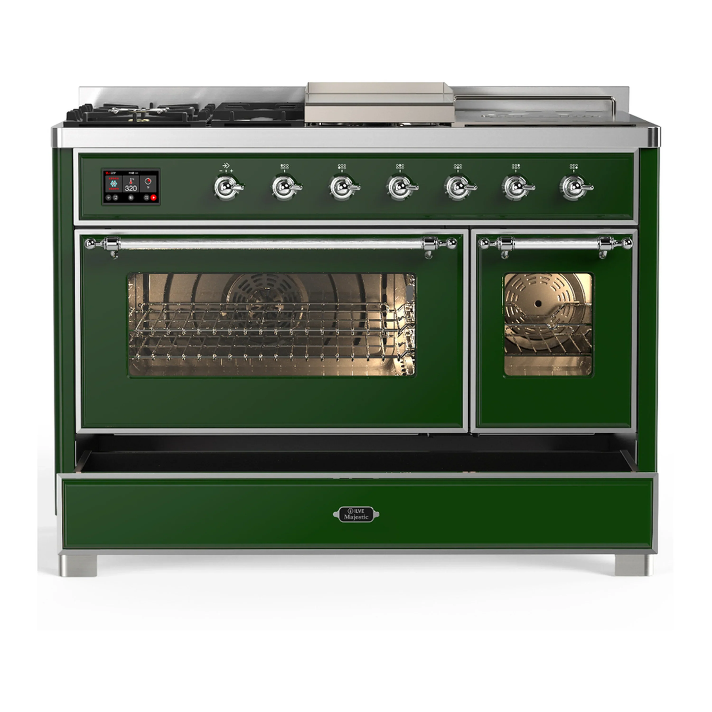 ILVE Majestic III 48-inch Dual Fuel Range with 5 Natural Gas Burner, Griddle, French Top and Triple Glass Door Electric Oven in Emerald Green with Chrome Trim (UM48FSNR3EGC) - Image 3