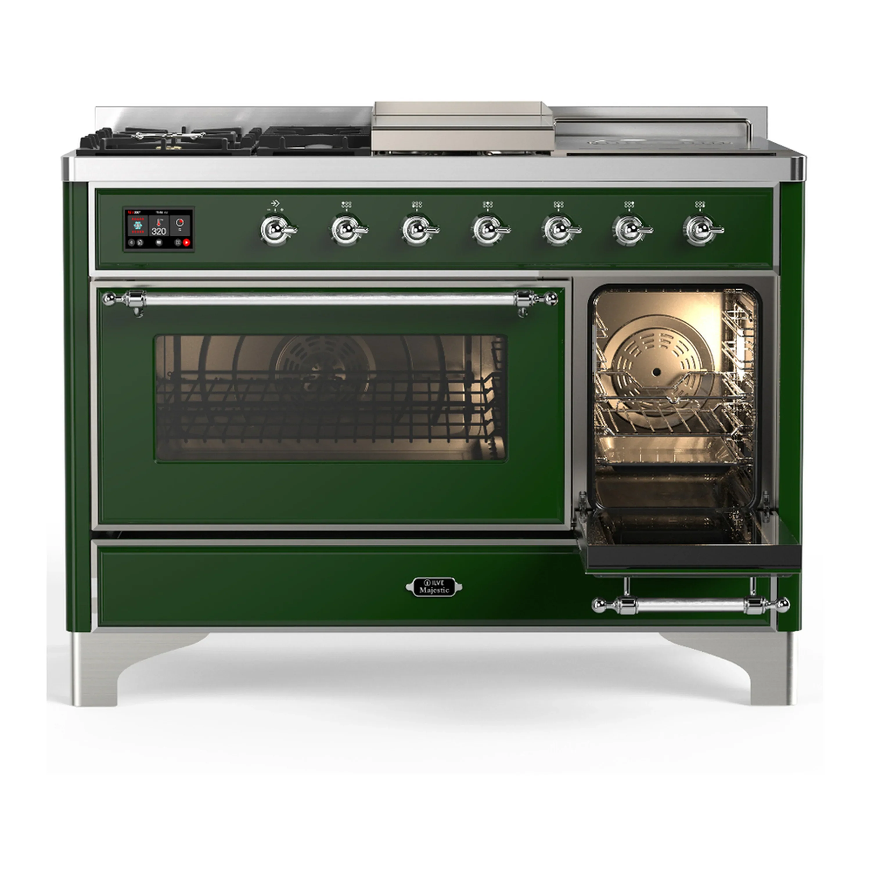 ILVE Majestic III 48-inch Dual Fuel Range with 5 Natural Gas Burner, Griddle, French Top and Triple Glass Door Electric Oven in Emerald Green with Chrome Trim (UM48FSNR3EGC) - Image 4