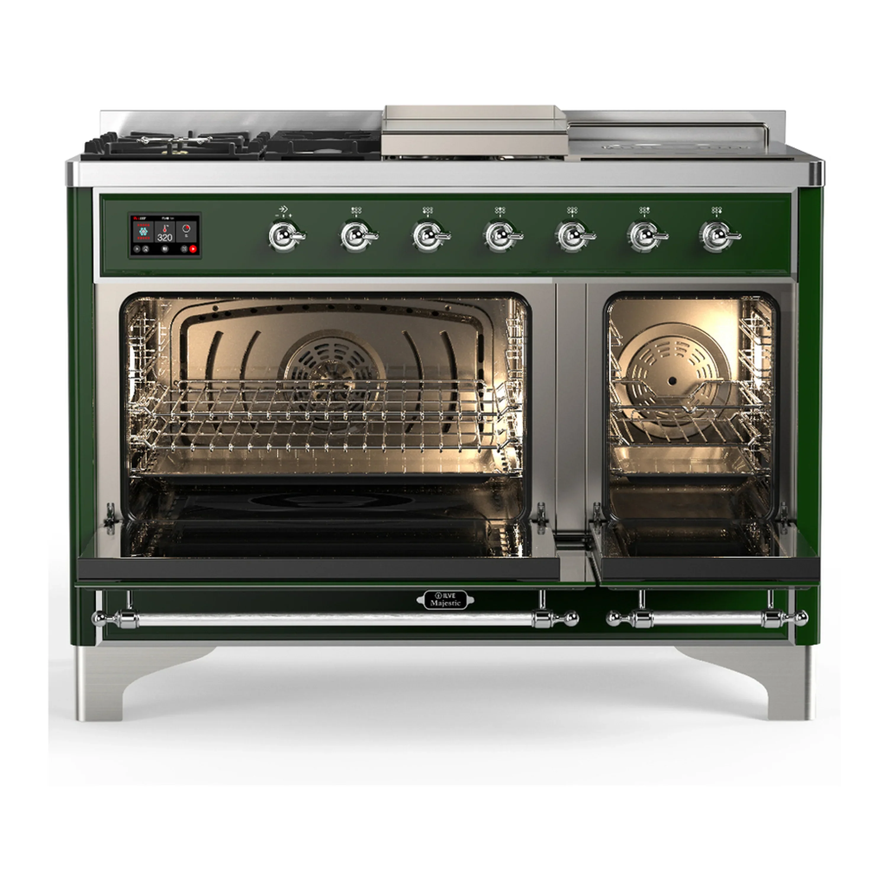 ILVE Majestic III 48-inch Dual Fuel Range with 5 Natural Gas Burner, Griddle, French Top and Triple Glass Door Electric Oven in Emerald Green with Chrome Trim (UM48FSNR3EGC) - Image 6