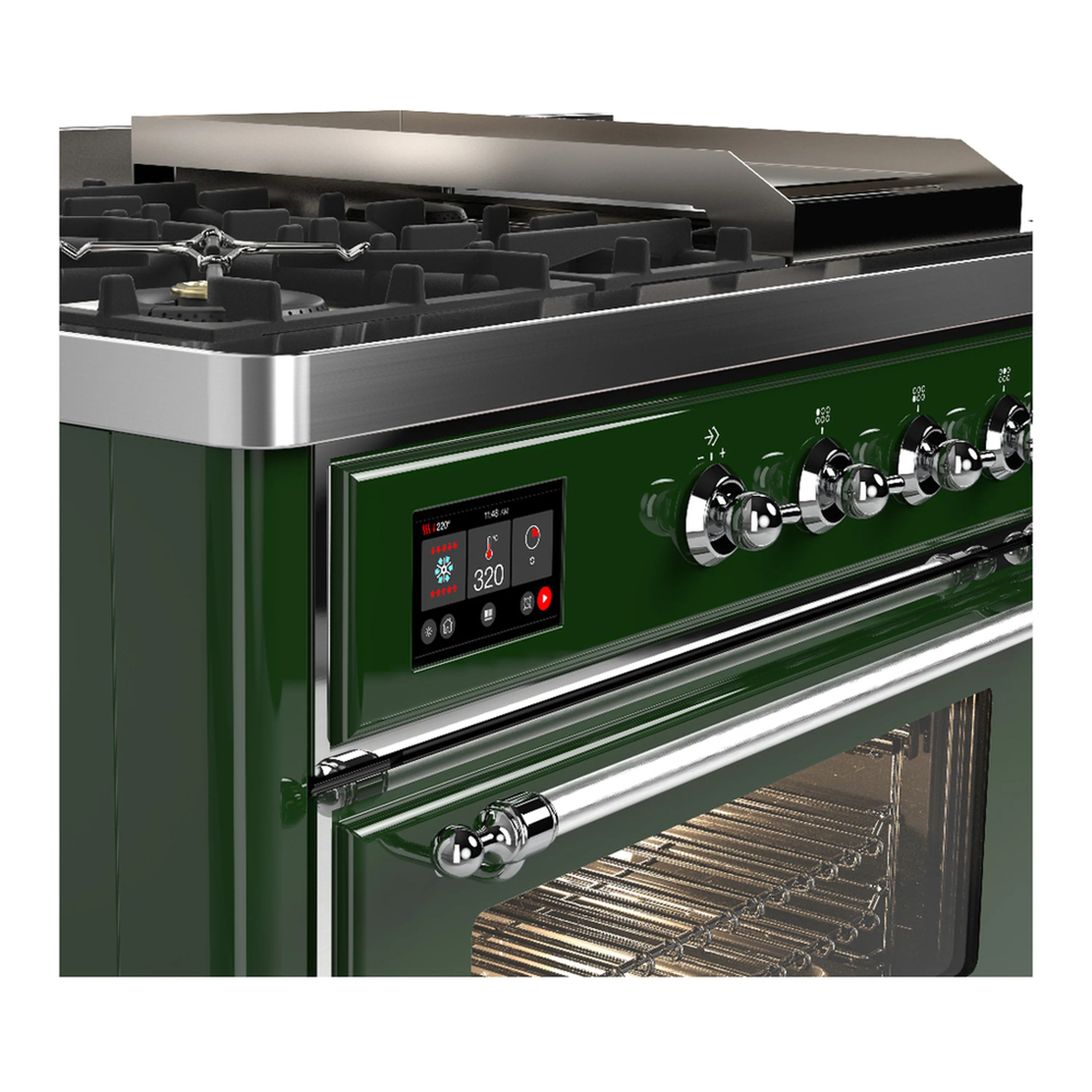 ILVE Majestic III 48-inch Dual Fuel Range with 5 Natural Gas Burner, Griddle, French Top and Triple Glass Door Electric Oven in Emerald Green with Chrome Trim (UM48FSNR3EGC) - Image 7