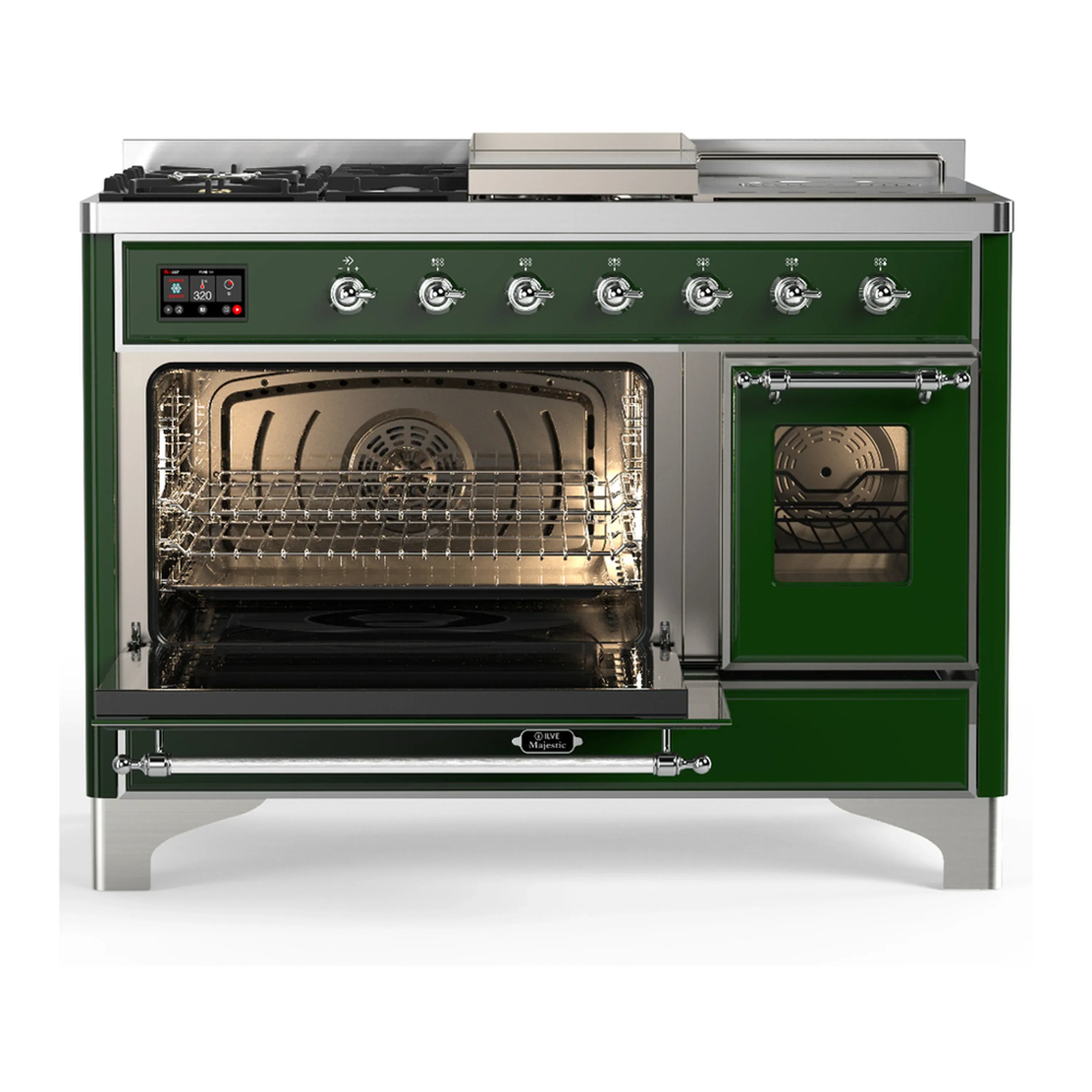 ILVE Majestic III 48-inch Dual Fuel Range with 5 Liquid Propane Burner, Griddle, French Top and Triple Glass Door Electric Oven in Emerald Green with Chrome Trim (UM48FSNR3EGCLP) - Image 5