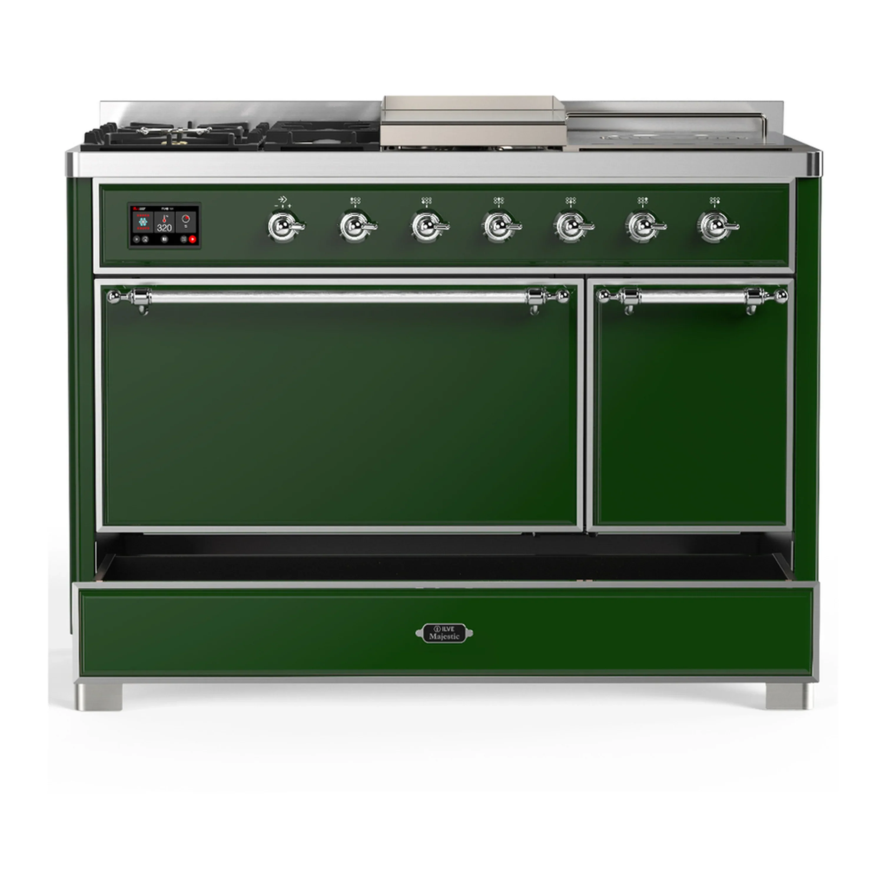 ILVE Majestic III 48-inch Dual Fuel Range with 5 Natural Gas Burner, Griddle, French Top and Solid Door Electric Oven in Emerald Green with Chrome Trim (UM48FSQNR3EGC) - Image 3