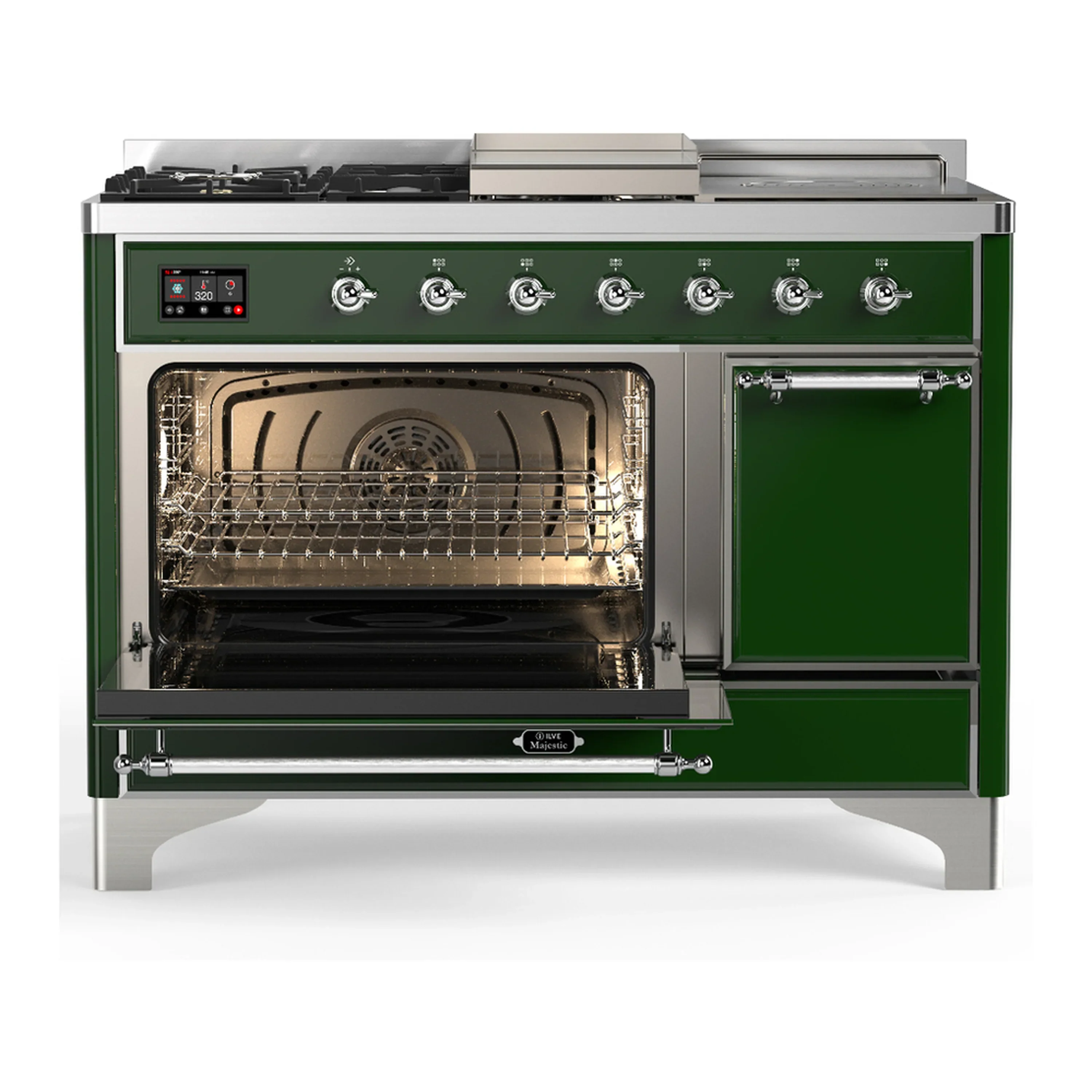 ILVE Majestic III 48-inch Dual Fuel Range with 5 Natural Gas Burner, Griddle, French Top and Solid Door Electric Oven in Emerald Green with Chrome Trim (UM48FSQNR3EGC) - Image 5