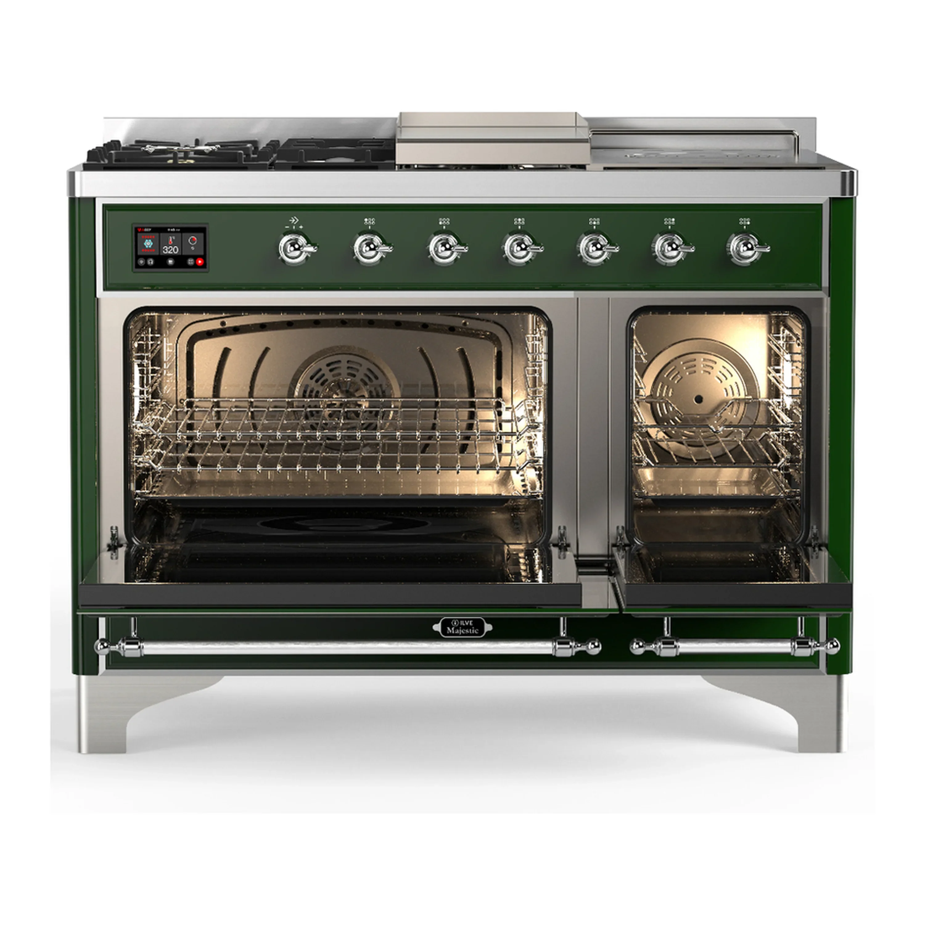 ILVE Majestic III 48-inch Dual Fuel Range with 5 Natural Gas Burner, Griddle, French Top and Solid Door Electric Oven in Emerald Green with Chrome Trim (UM48FSQNR3EGC) - Image 6