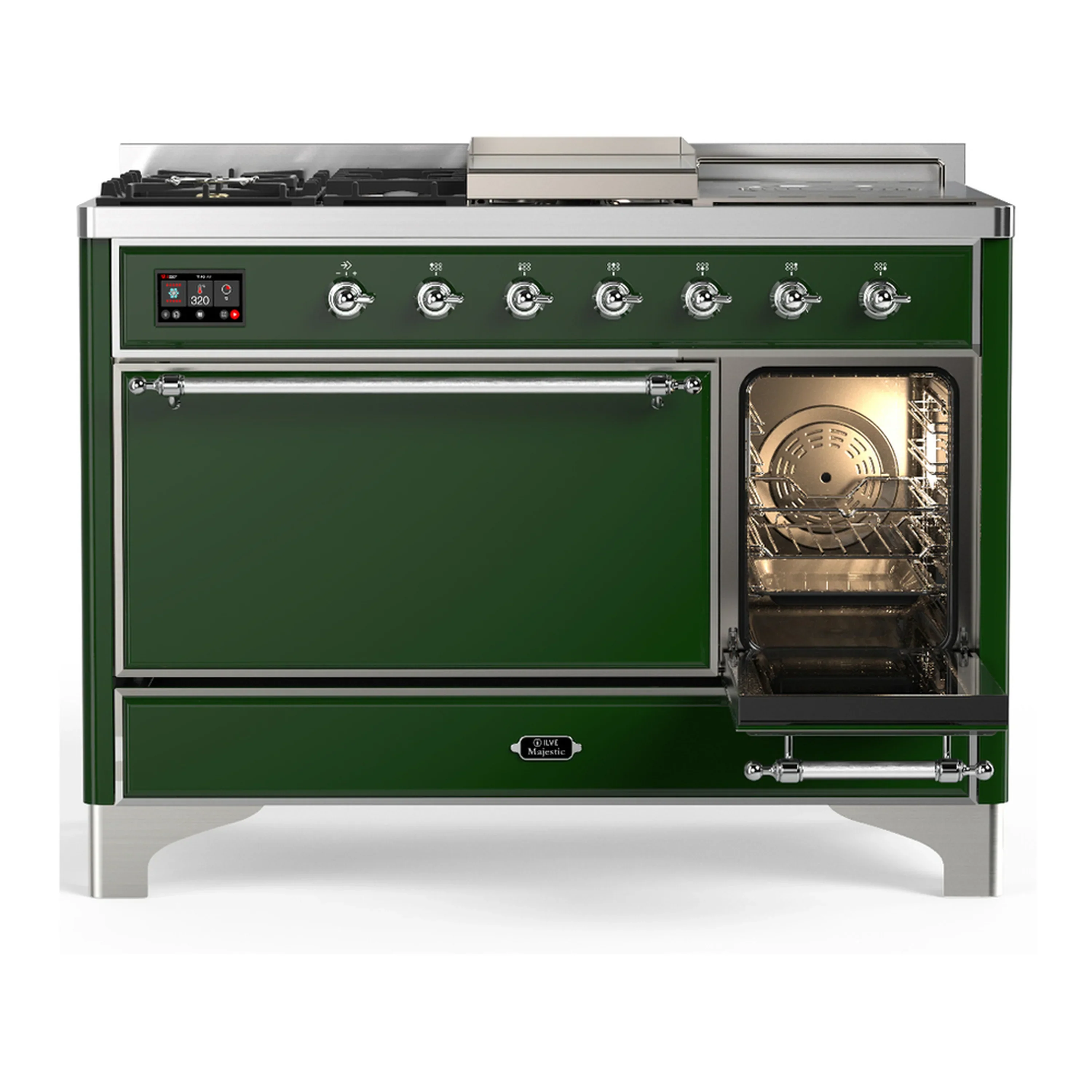 ILVE Majestic III 48-inch Dual Fuel Range with 5 Liquid Propane Burner, Griddle, French Top and Solid Door Electric Oven in Emerald Green with Chrome Trim (UM48FSQNR3EGCLP) - Image 4