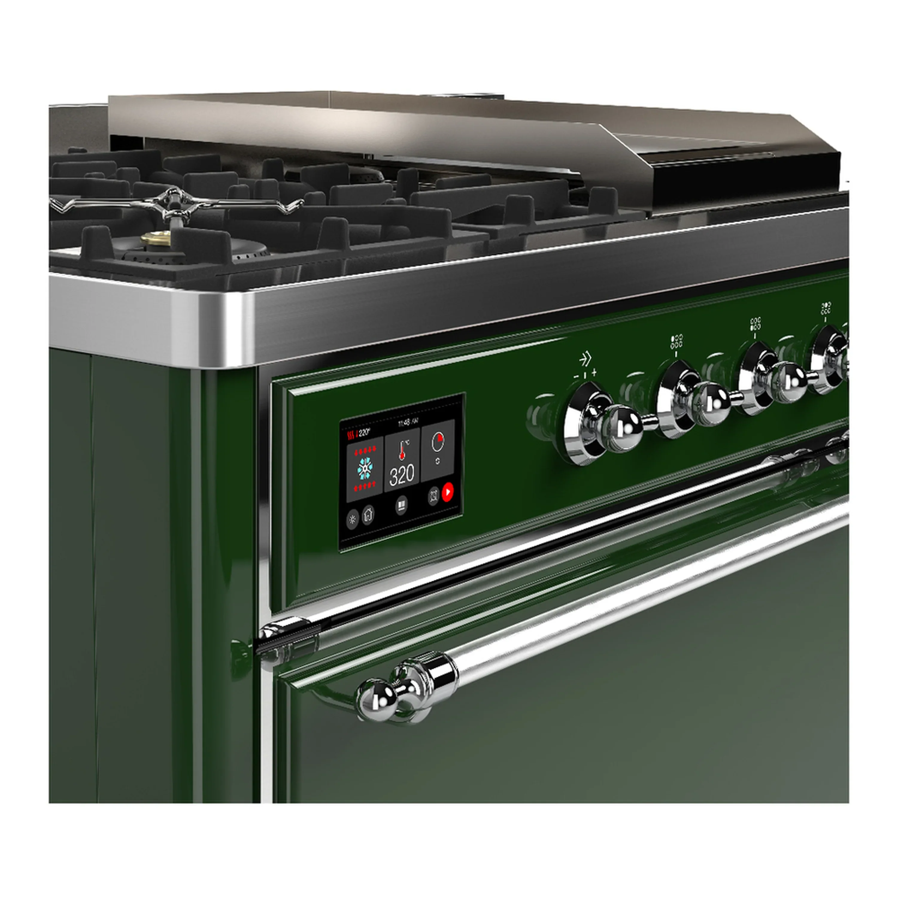 ILVE Majestic III 48-inch Dual Fuel Range with 5 Liquid Propane Burner, Griddle, French Top and Solid Door Electric Oven in Emerald Green with Chrome Trim (UM48FSQNR3EGCLP) - Image 7