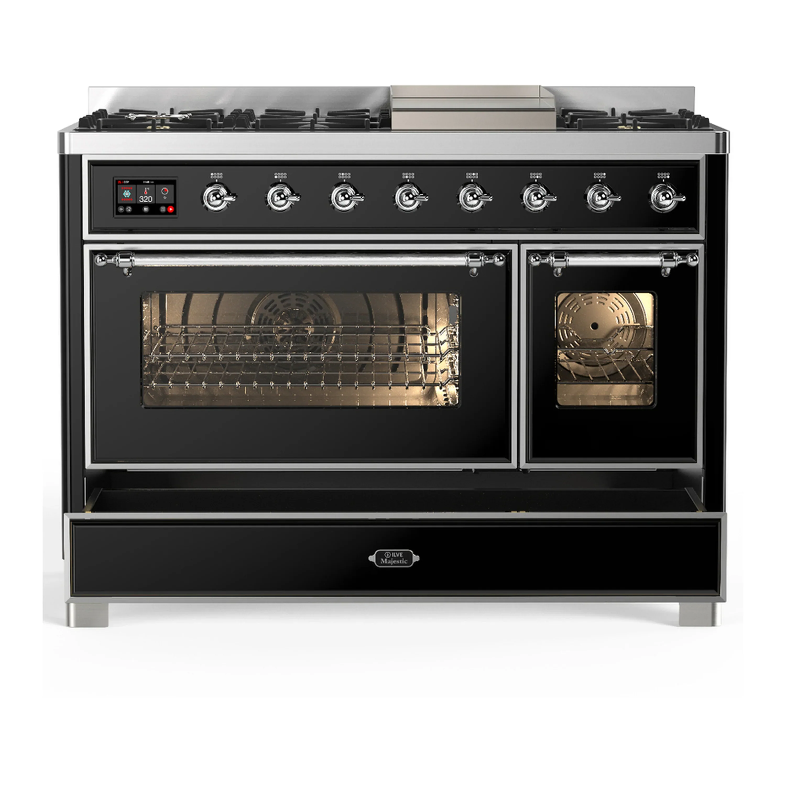 ILVE Majestic III 48-inch Dual Fuel Range with 5 Natural Gas Burner, Griddle and Triple Glass Door Electric Oven in Glossy Black with Chrome Trim (UM48FNR3BKC) - Image 3
