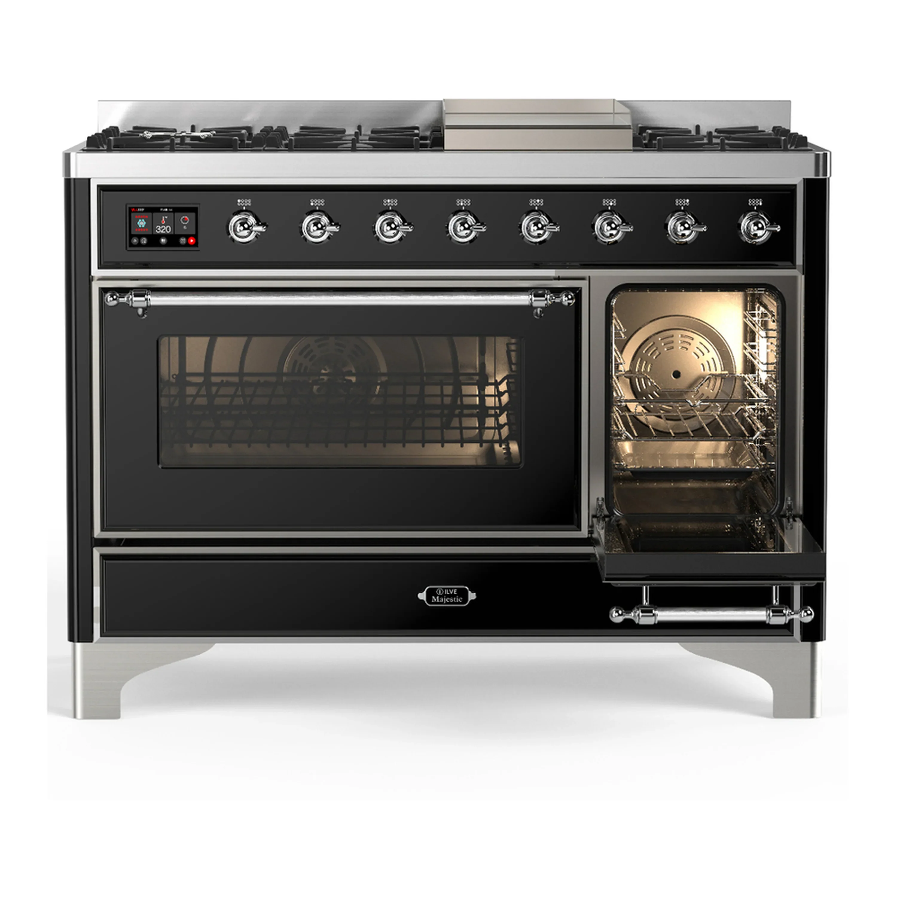 ILVE Majestic III 48-inch Dual Fuel Range with 5 Natural Gas Burner, Griddle and Triple Glass Door Electric Oven in Glossy Black with Chrome Trim (UM48FNR3BKC) - Image 4