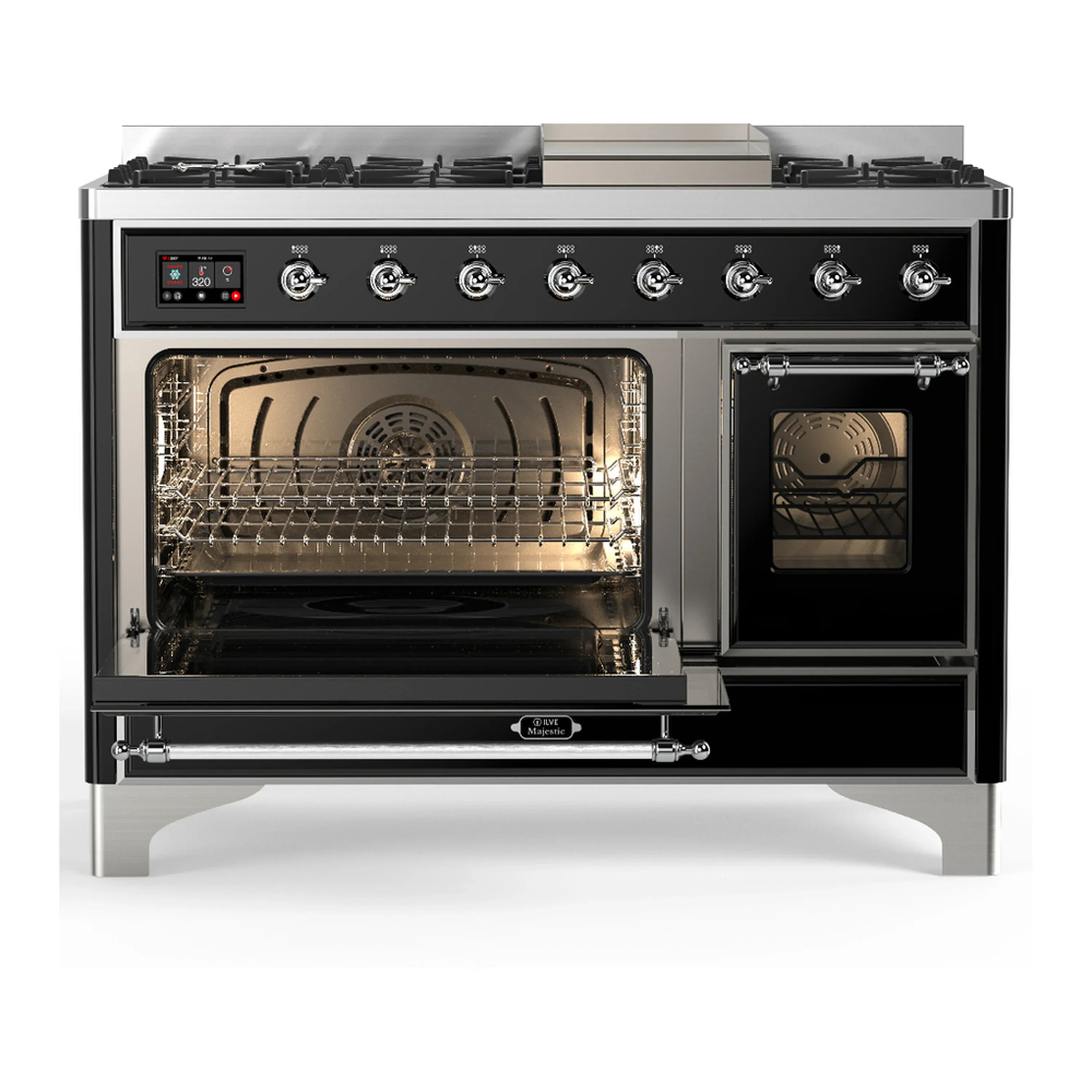 ILVE Majestic III 48-inch Dual Fuel Range with 5 Natural Gas Burner, Griddle and Triple Glass Door Electric Oven in Glossy Black with Chrome Trim (UM48FNR3BKC) - Image 5
