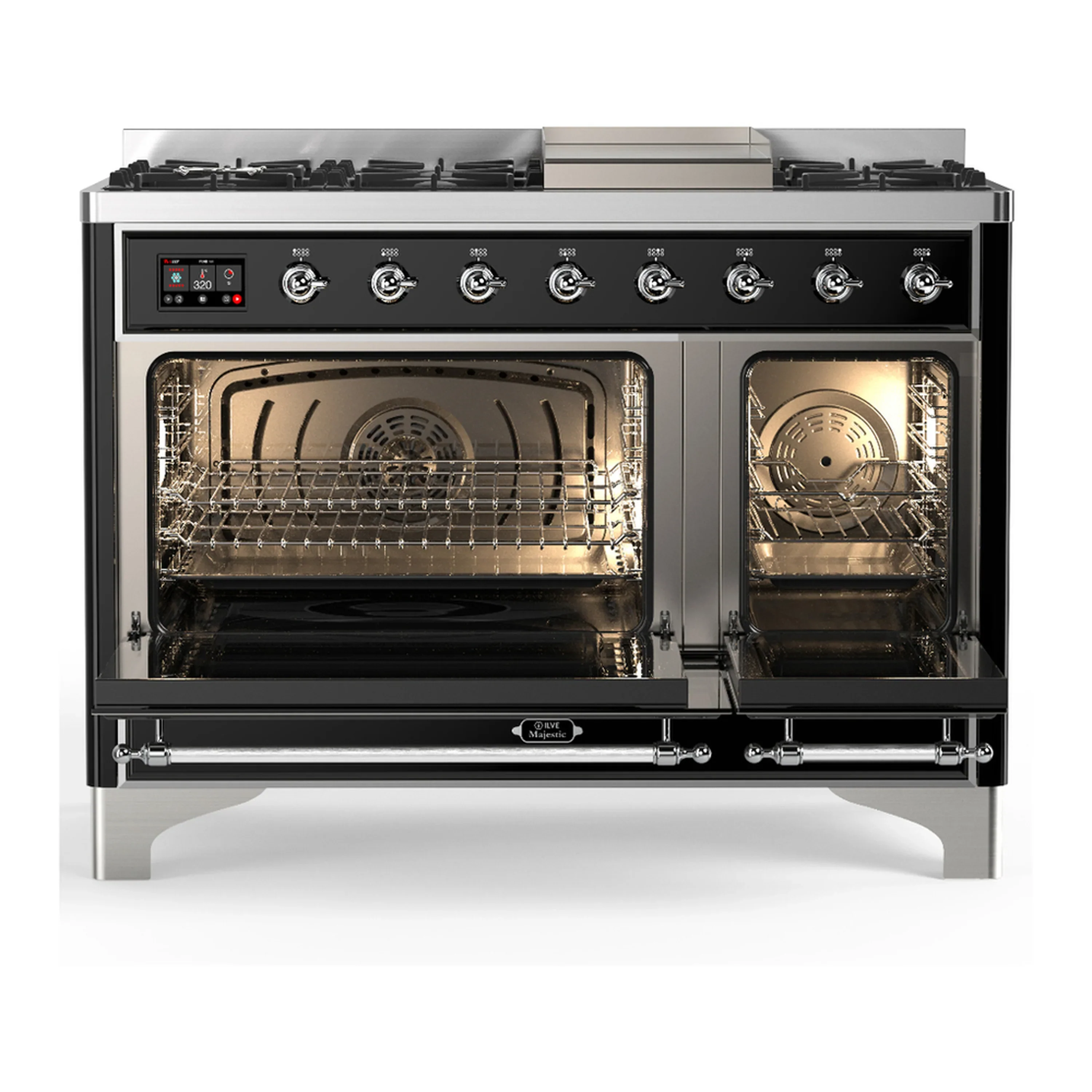 ILVE Majestic III 48-inch Dual Fuel Range with 5 Natural Gas Burner, Griddle and Triple Glass Door Electric Oven in Glossy Black with Chrome Trim (UM48FNR3BKC) - Image 6