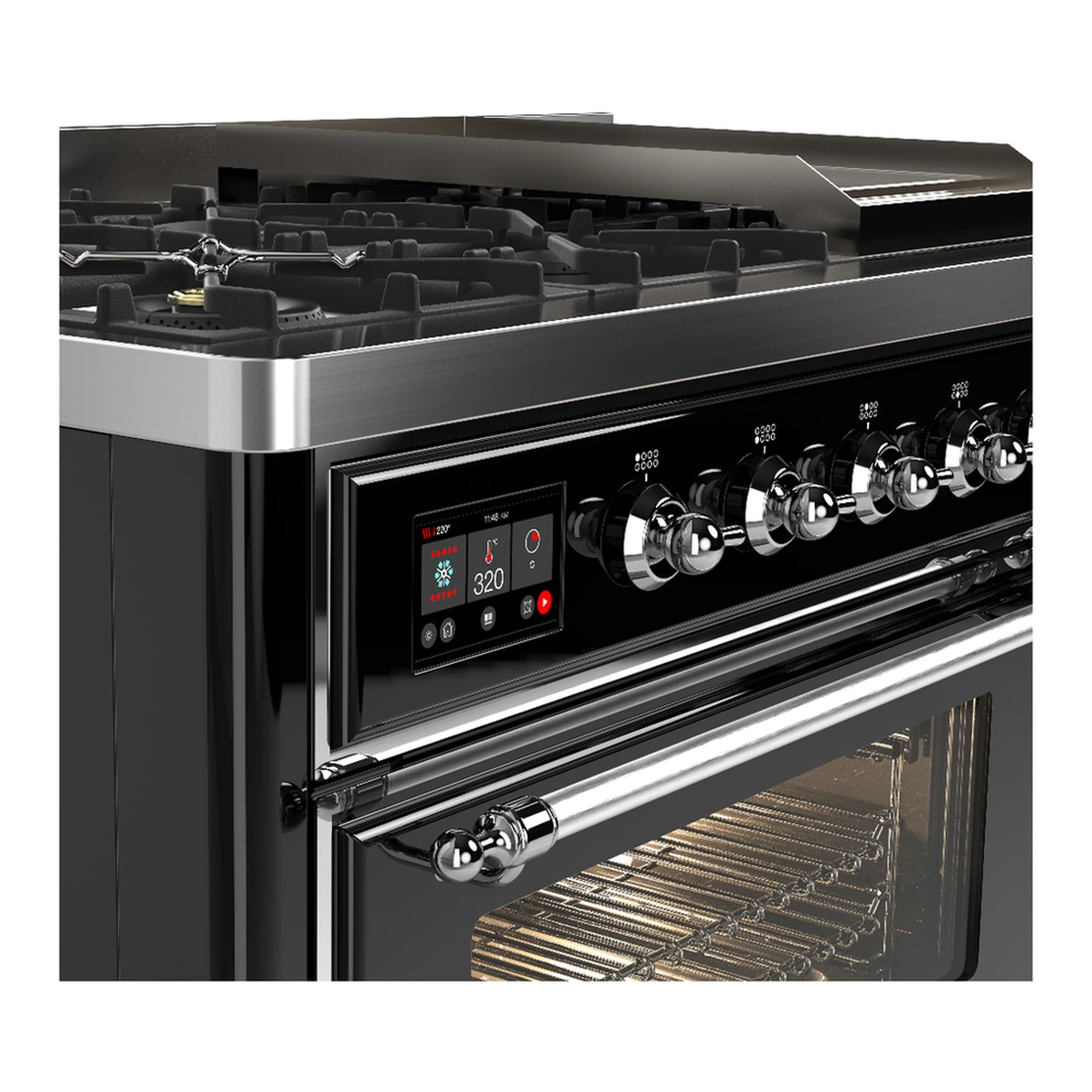 ILVE Majestic III 48-inch Dual Fuel Range with 5 Natural Gas Burner, Griddle and Triple Glass Door Electric Oven in Glossy Black with Chrome Trim (UM48FNR3BKC) - Image 7