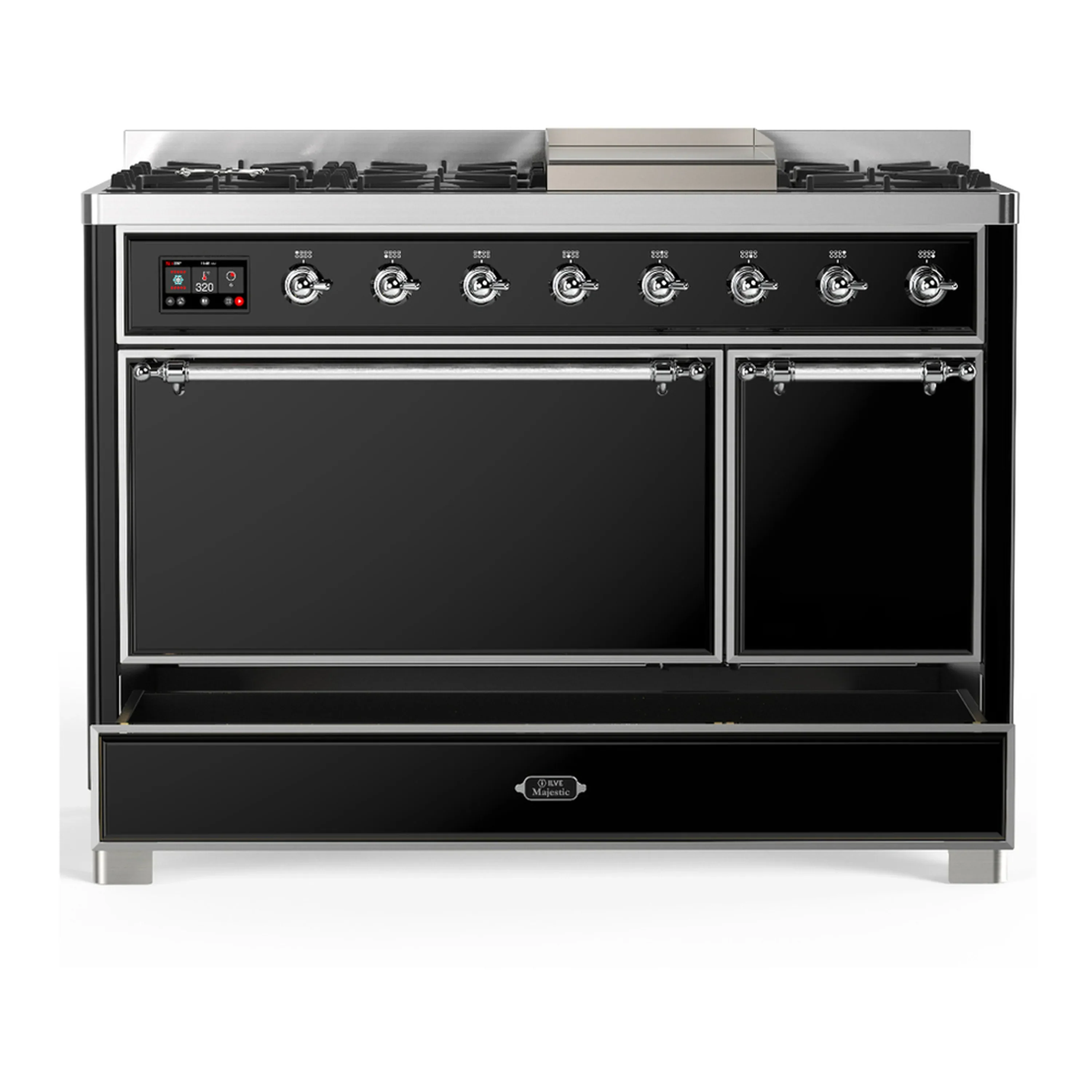 ILVE Majestic III 48-inch Dual Fuel Range with 5 Natural Gas Burner, Griddle and Solid Door Electric Oven in Glossy Black with Chrome Trim (UM48FQNR3BKC) - Image 3
