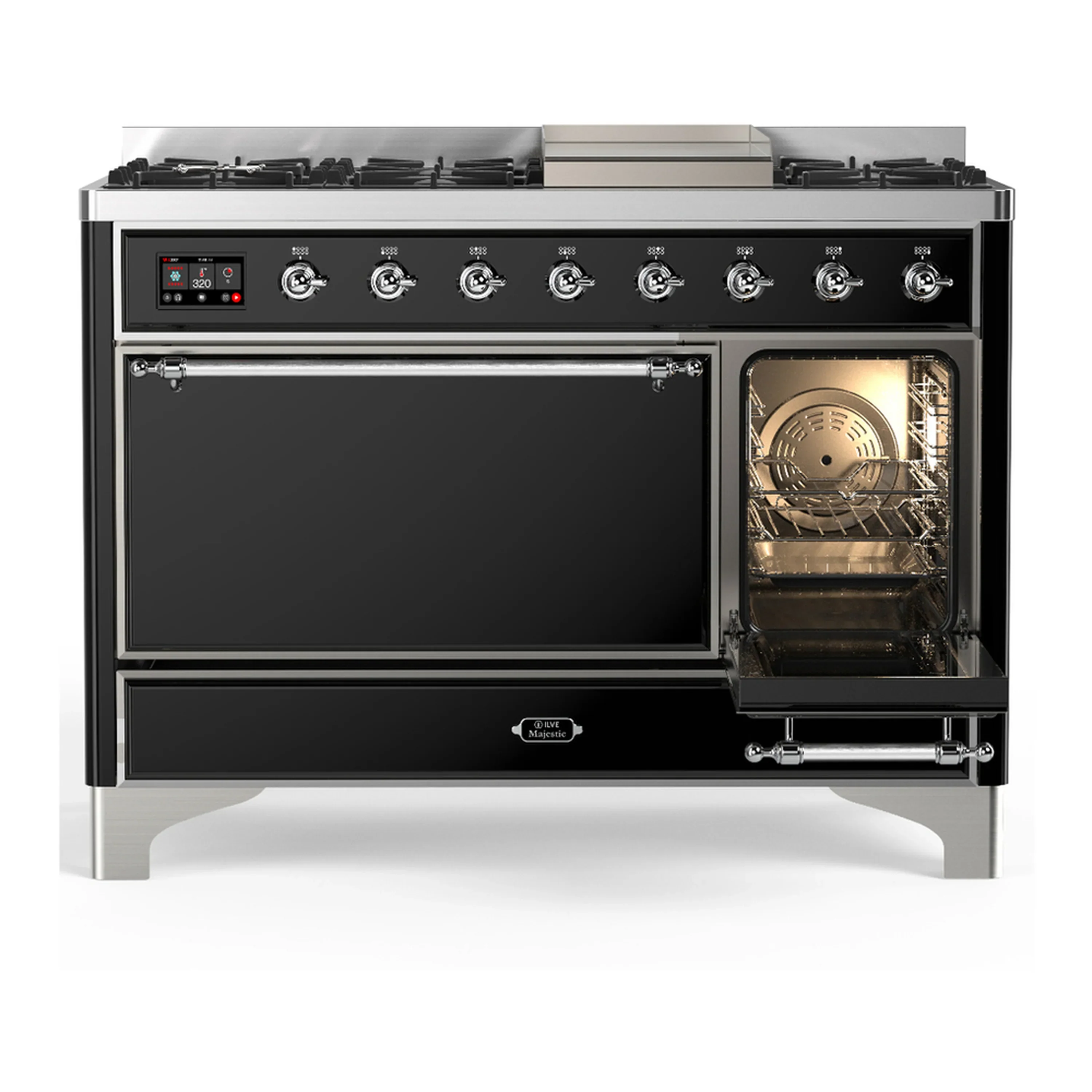 ILVE Majestic III 48-inch Dual Fuel Range with 5 Natural Gas Burner, Griddle and Solid Door Electric Oven in Glossy Black with Chrome Trim (UM48FQNR3BKC) - Image 4