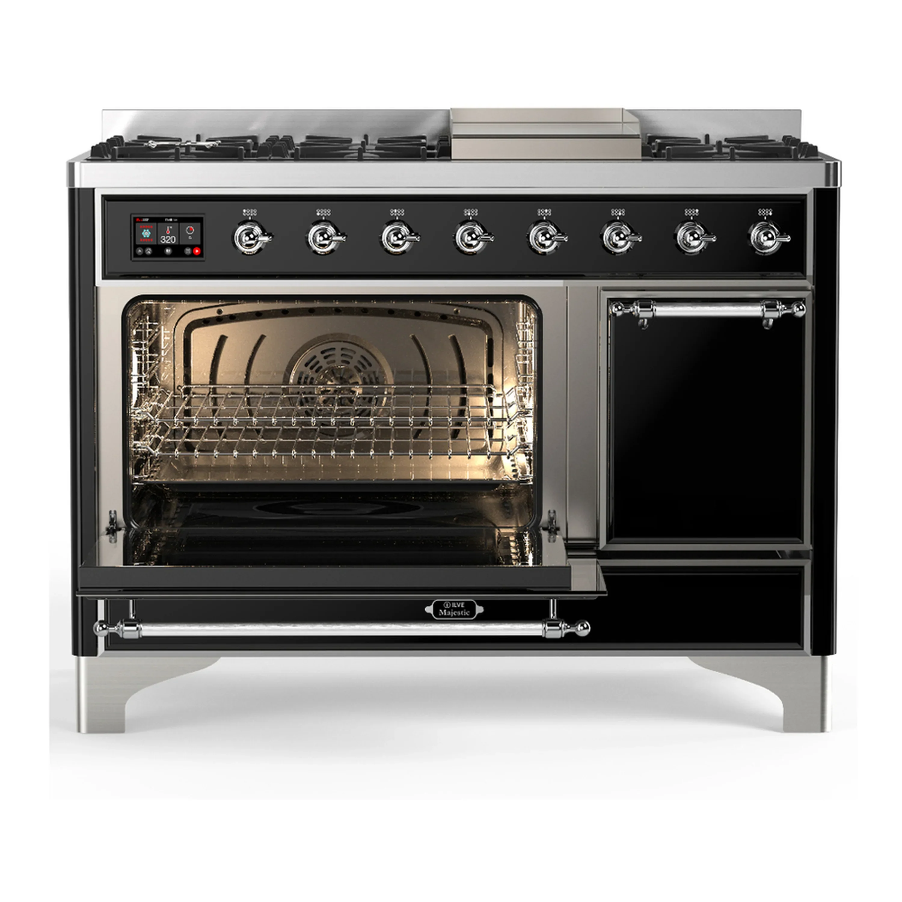 ILVE Majestic III 48-inch Dual Fuel Range with 5 Natural Gas Burner, Griddle and Solid Door Electric Oven in Glossy Black with Chrome Trim (UM48FQNR3BKC) - Image 5