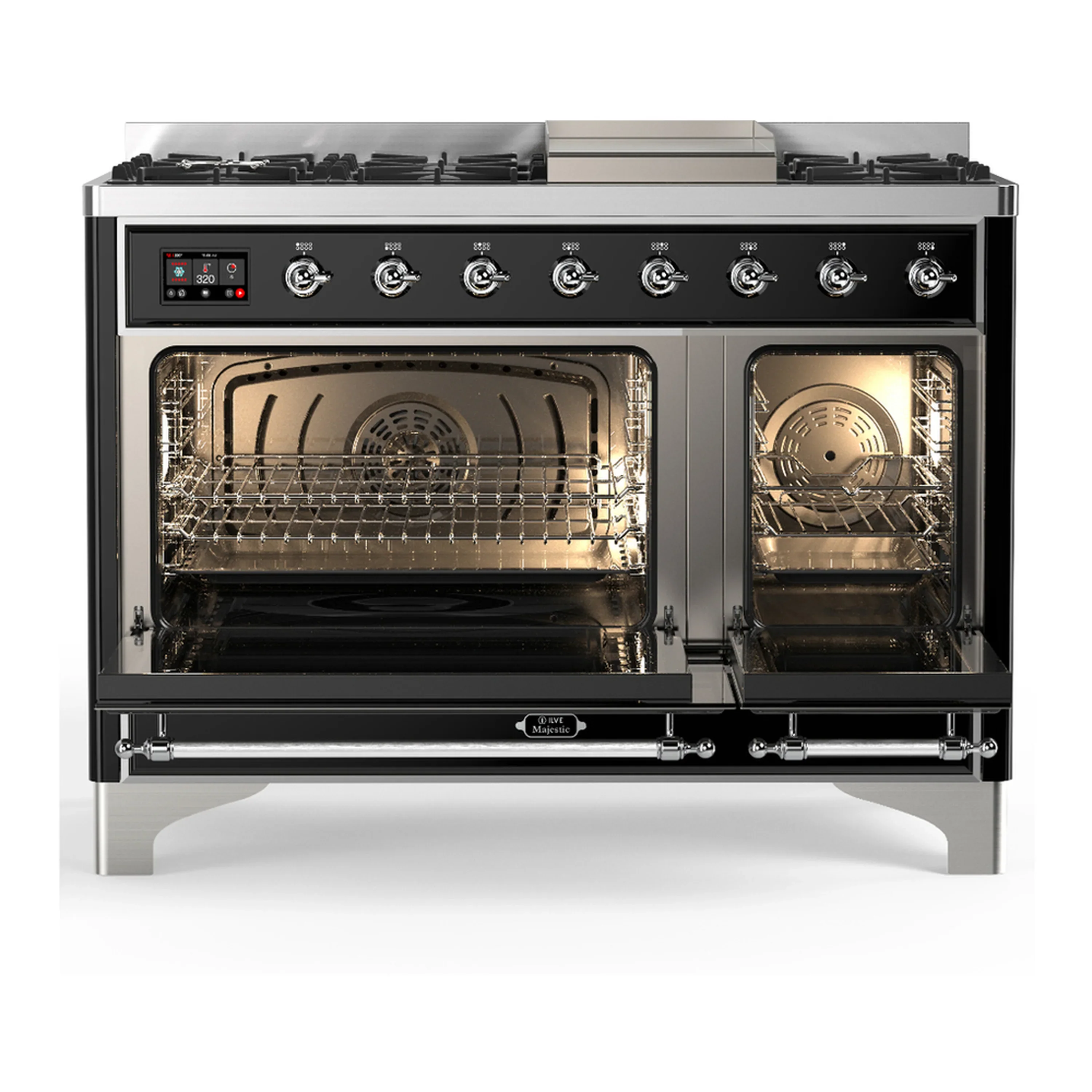 ILVE Majestic III 48-inch Dual Fuel Range with 5 Natural Gas Burner, Griddle and Solid Door Electric Oven in Glossy Black with Chrome Trim (UM48FQNR3BKC) - Image 6