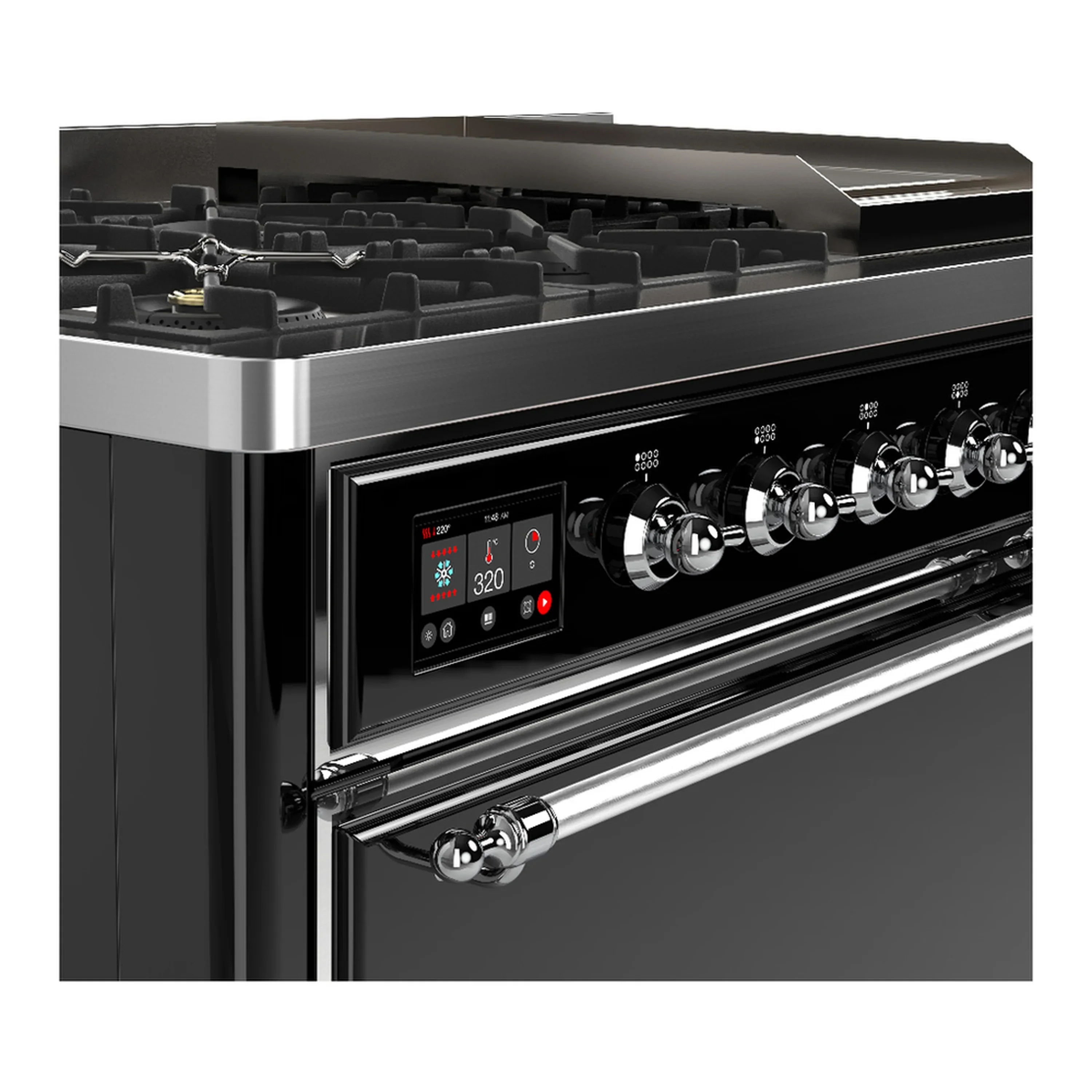 ILVE Majestic III 48-inch Dual Fuel Range with 5 Natural Gas Burner, Griddle and Solid Door Electric Oven in Glossy Black with Chrome Trim (UM48FQNR3BKC) - Image 7