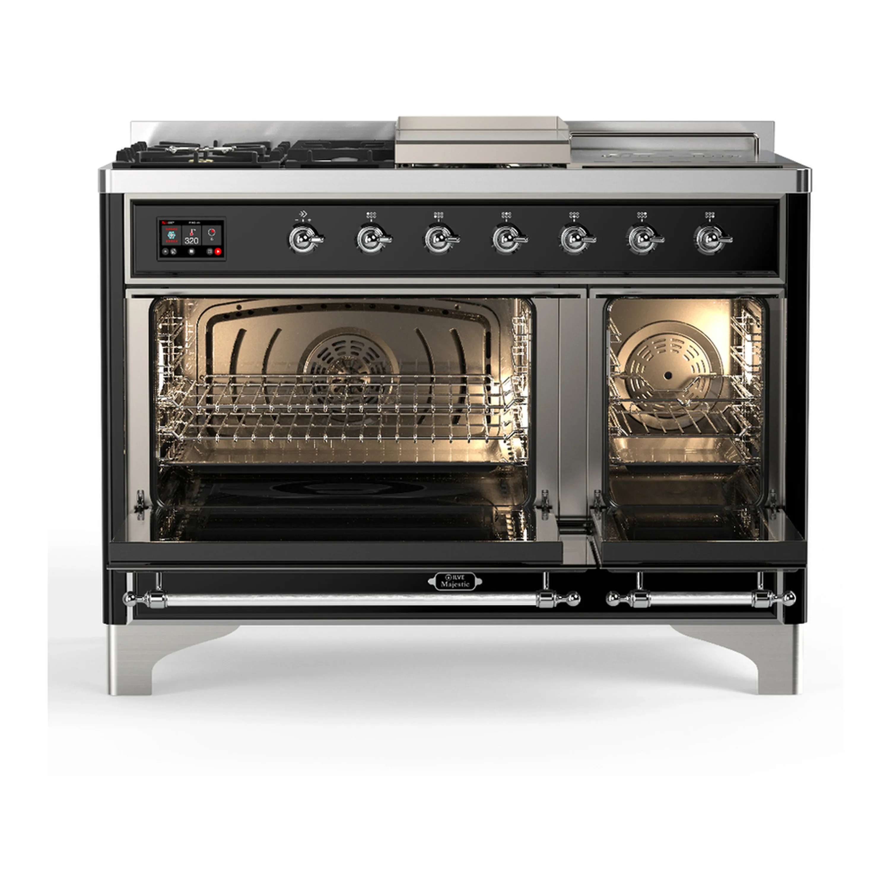 ILVE Majestic III 48-inch Dual Fuel Range with 5 Natural Gas Burner, Griddle, French Top and Triple Glass Door Electric Oven in Glossy Black with Chrome Trim (UM48FSNR3BKC) - Image 6