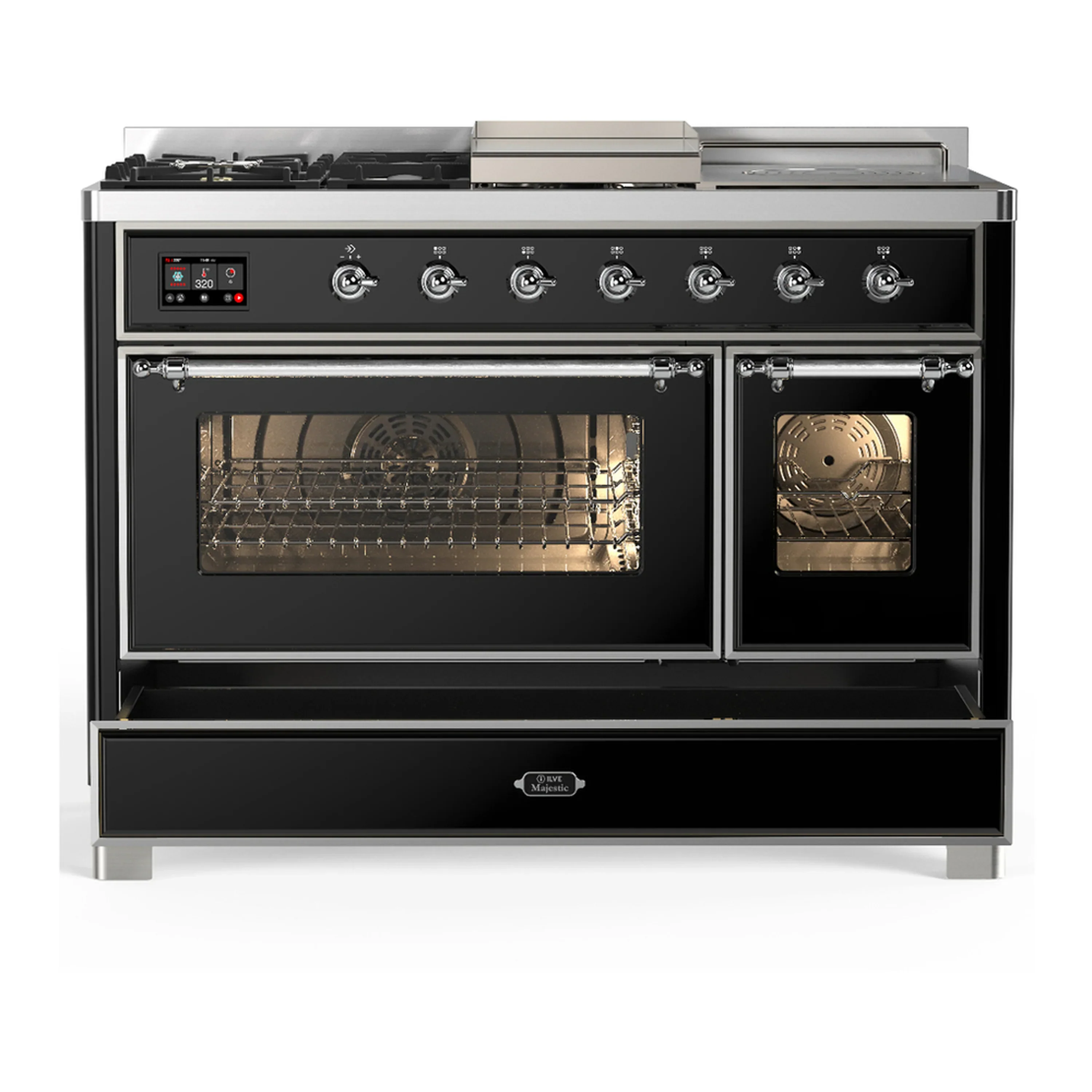 ILVE Majestic III 48-inch Dual Fuel Range with 5 Liquid Propane Burner, Griddle, French Top and Triple Glass Door Electric Oven in Glossy Black with Chrome Trim (UM48FSNR3BKCLP) - Image 3