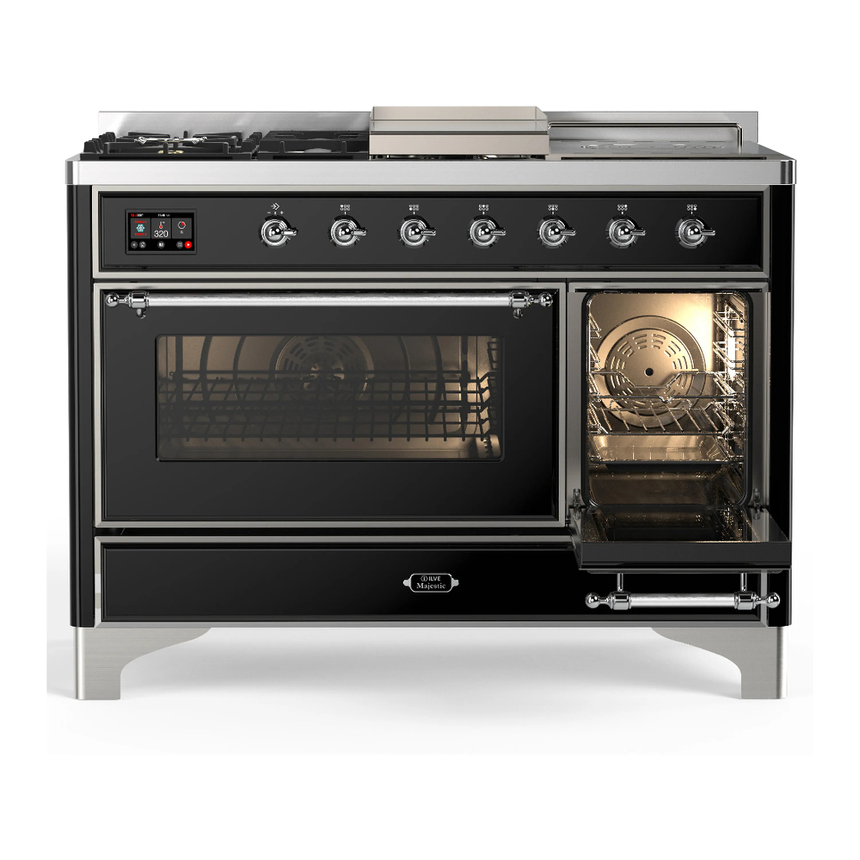 ILVE Majestic III 48-inch Dual Fuel Range with 5 Liquid Propane Burner, Griddle, French Top and Triple Glass Door Electric Oven in Glossy Black with Chrome Trim (UM48FSNR3BKCLP) - Image 4