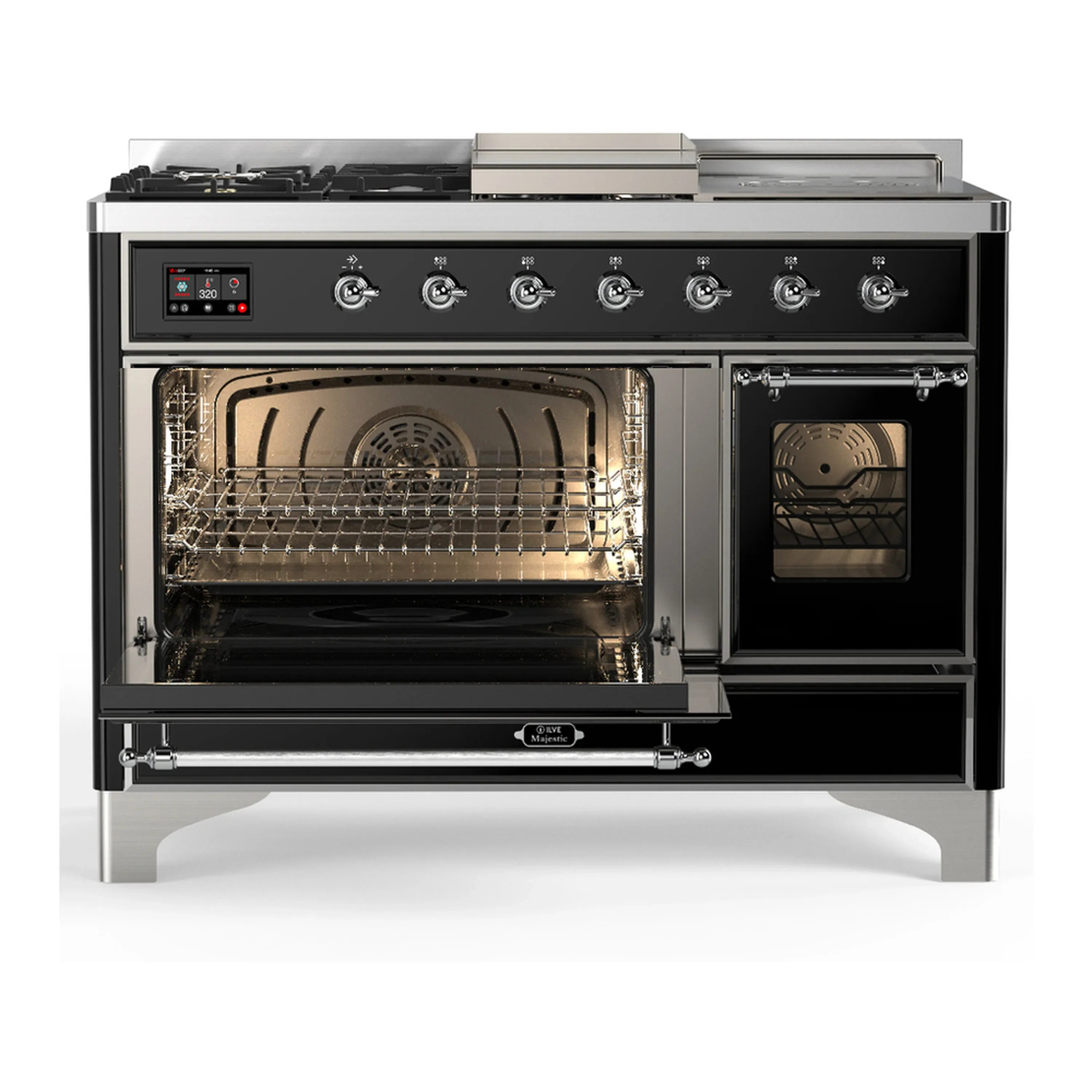 ILVE Majestic III 48-inch Dual Fuel Range with 5 Liquid Propane Burner, Griddle, French Top and Triple Glass Door Electric Oven in Glossy Black with Chrome Trim (UM48FSNR3BKCLP) - Image 5