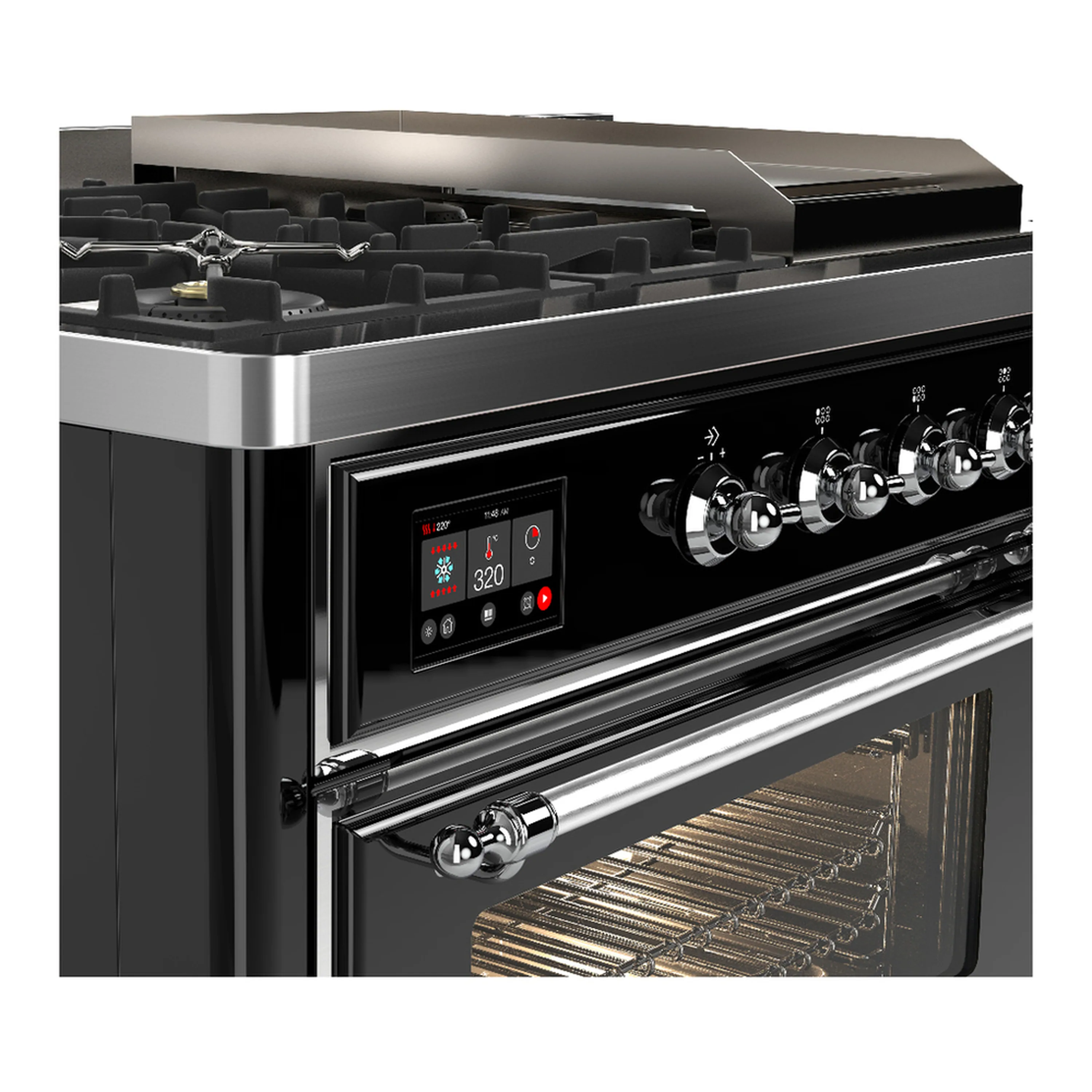 ILVE Majestic III 48-inch Dual Fuel Range with 5 Liquid Propane Burner, Griddle, French Top and Triple Glass Door Electric Oven in Glossy Black with Chrome Trim (UM48FSNR3BKCLP) - Image 7