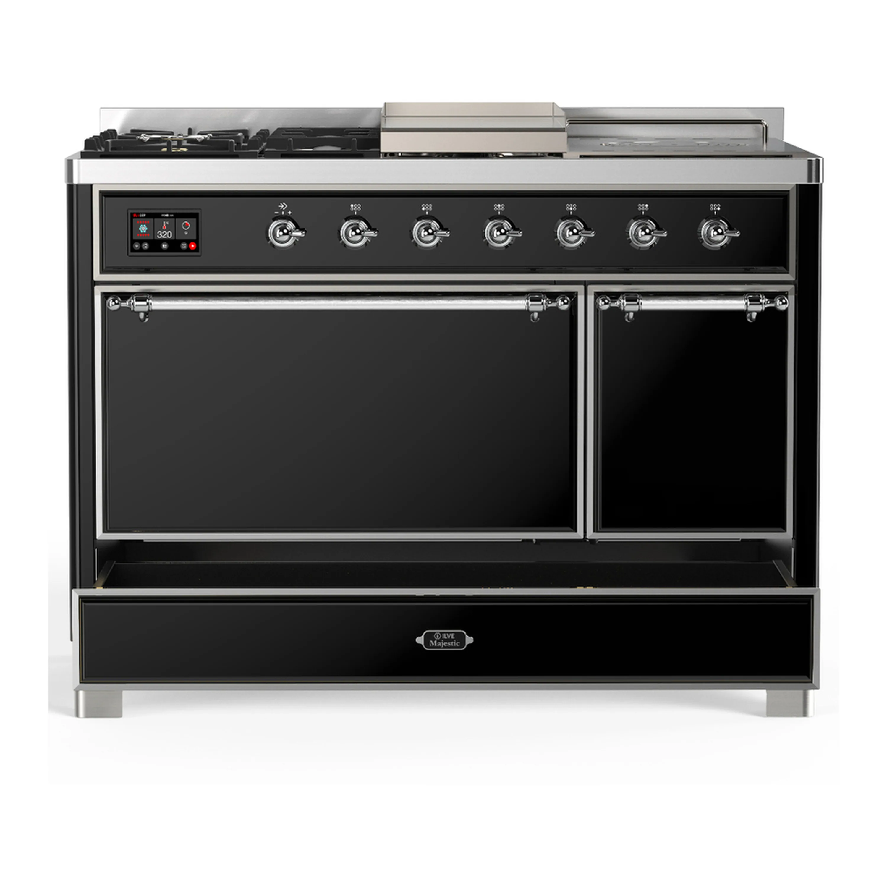ILVE Majestic III 48-inch Dual Fuel Range with 5 Natural Gas Burner, Griddle, French Top and Solid Door Electric Oven in Glossy Black with Chrome Trim (UM48FSQNR3BKC) - Image 3