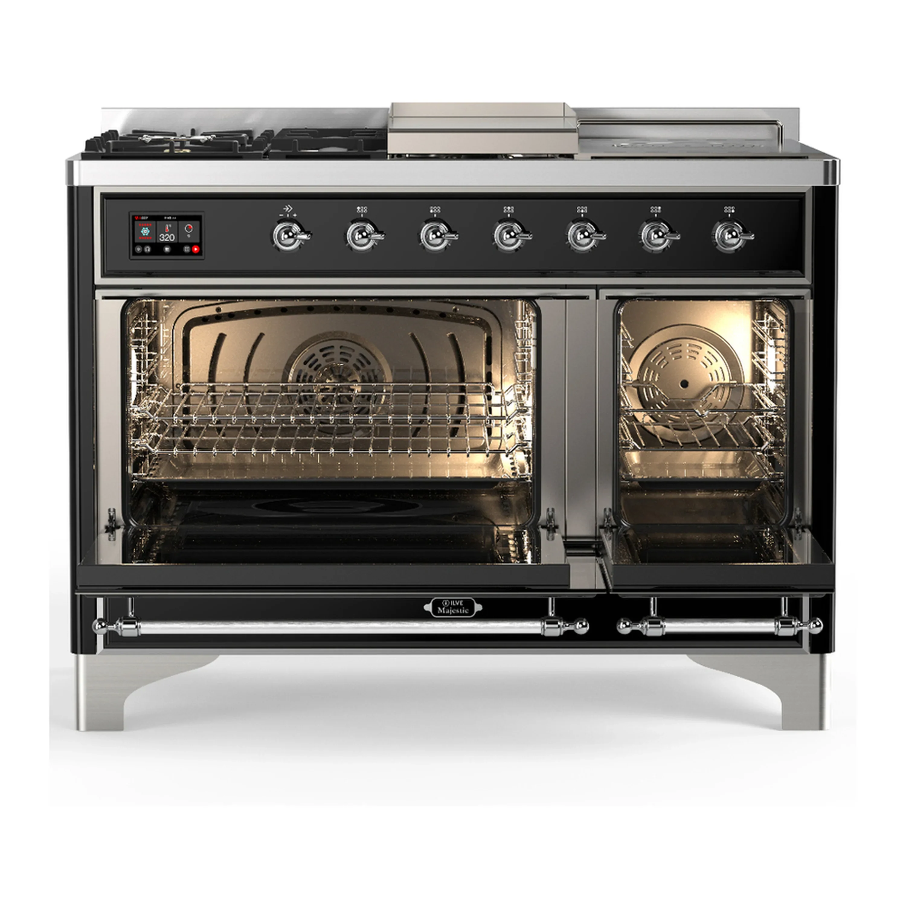 ILVE Majestic III 48-inch Dual Fuel Range with 5 Natural Gas Burner, Griddle, French Top and Solid Door Electric Oven in Glossy Black with Chrome Trim (UM48FSQNR3BKC) - Image 6