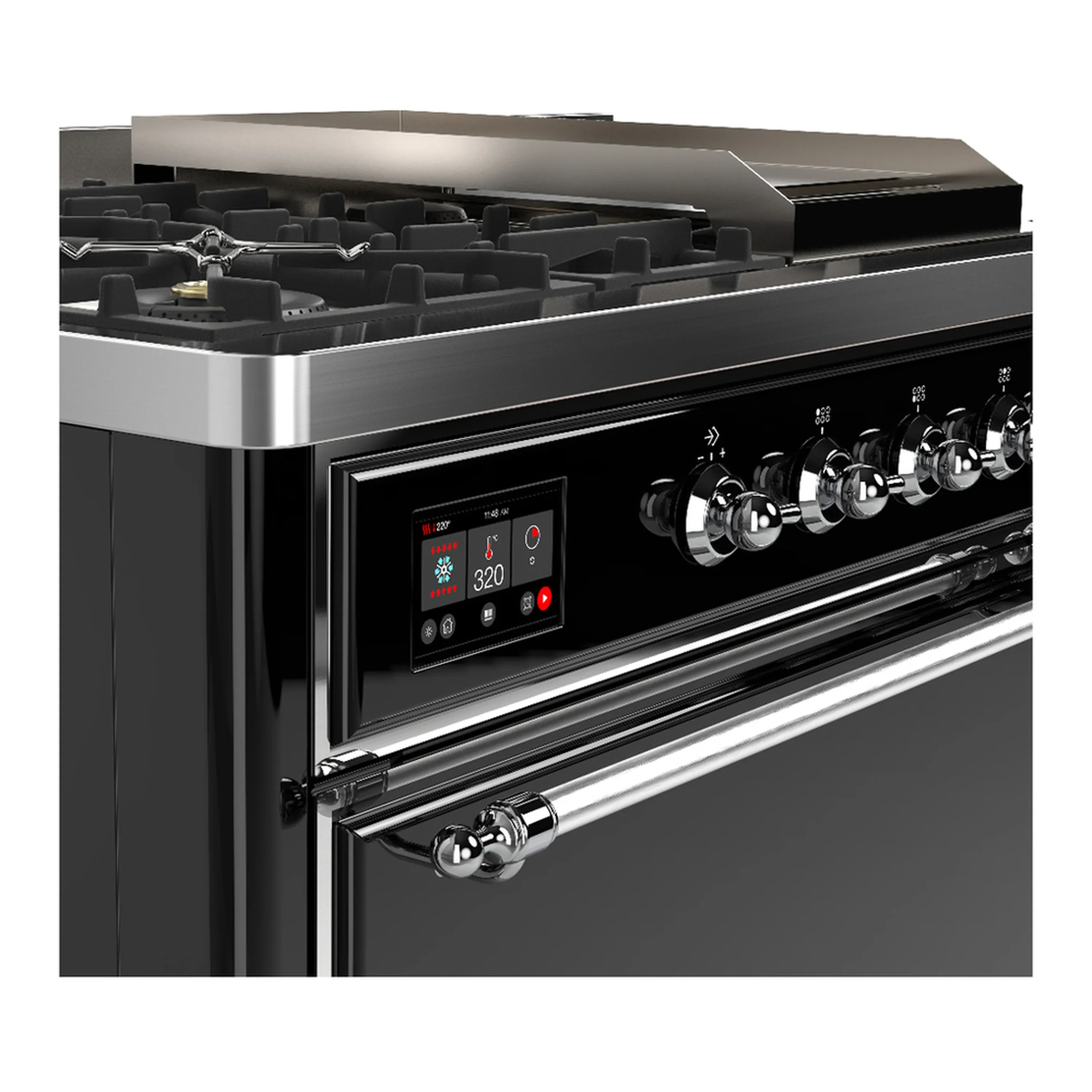 ILVE Majestic III 48-inch Dual Fuel Range with 5 Natural Gas Burner, Griddle, French Top and Solid Door Electric Oven in Glossy Black with Chrome Trim (UM48FSQNR3BKC) - Image 7