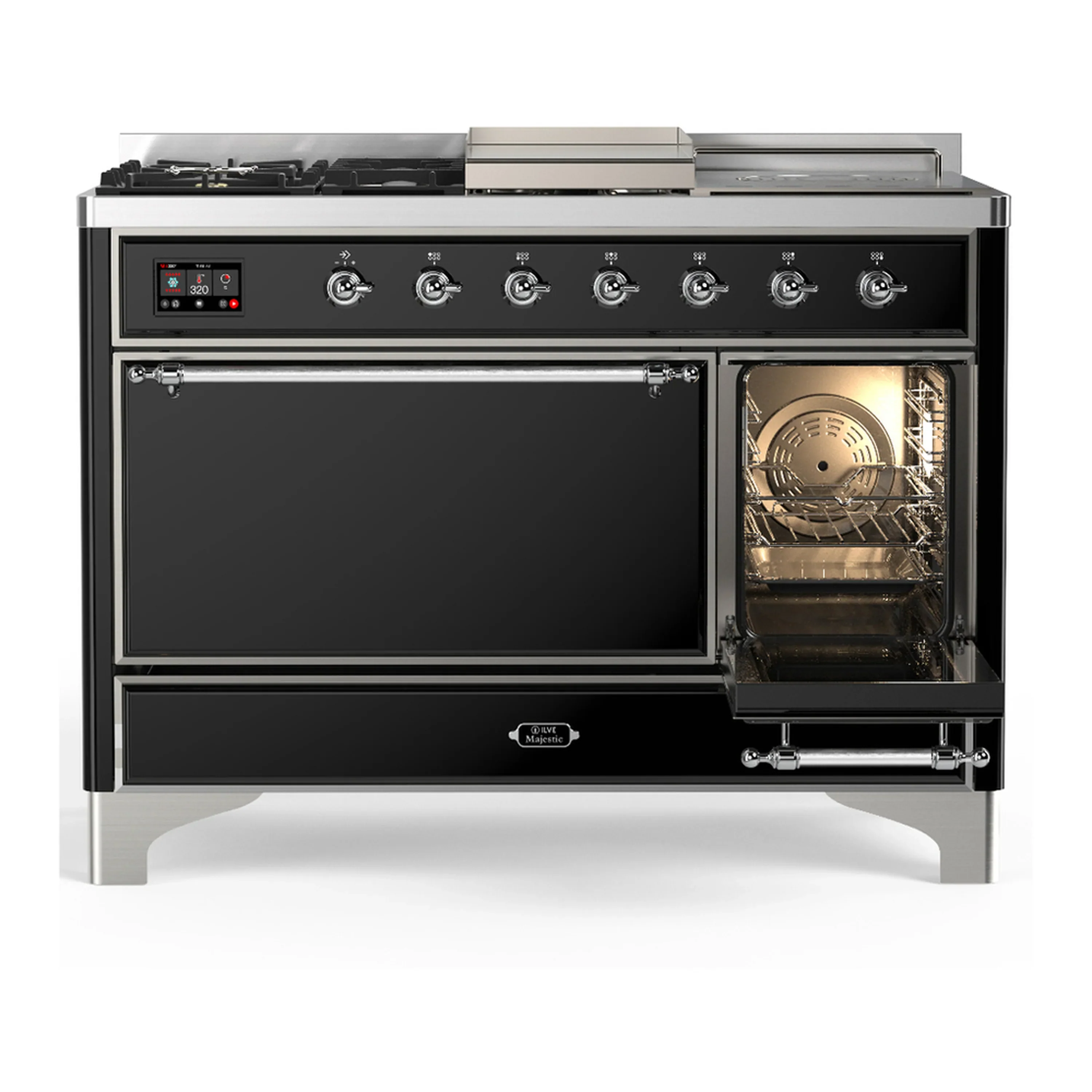 ILVE Majestic III 48-inch Dual Fuel Range with 5 Liquid Propane Burner, Griddle, French Top and Solid Door Electric Oven in Glossy Black with Chrome Trim (UM48FSQNR3BKCLP) - Image 4