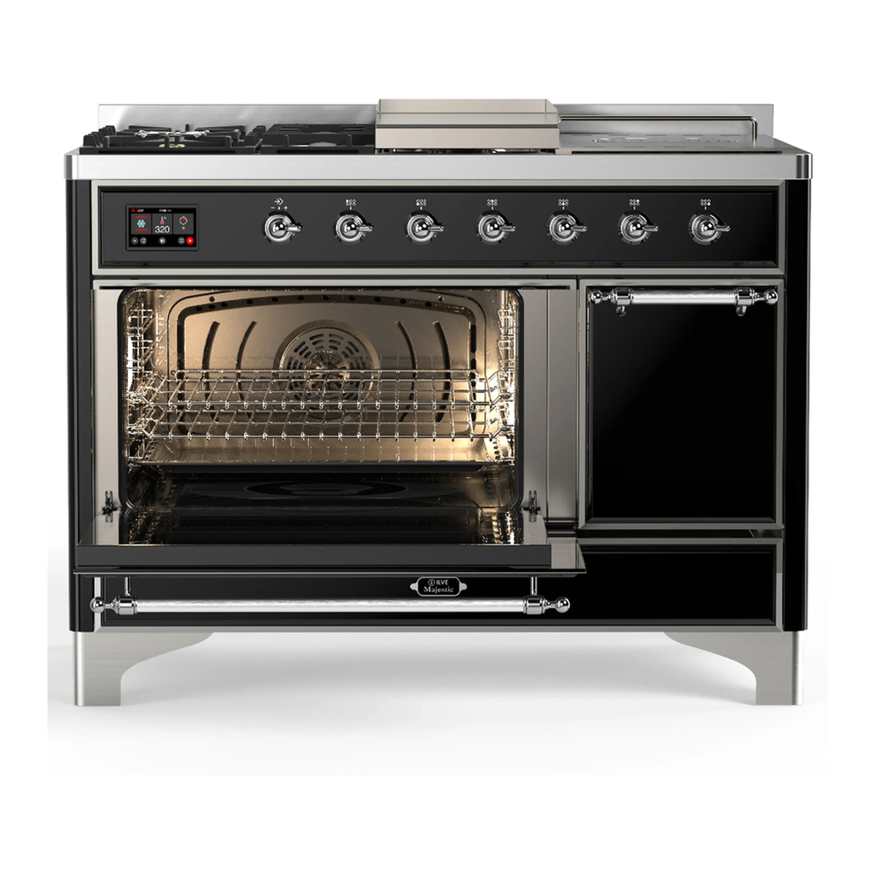 ILVE Majestic III 48-inch Dual Fuel Range with 5 Liquid Propane Burner, Griddle, French Top and Solid Door Electric Oven in Glossy Black with Chrome Trim (UM48FSQNR3BKCLP) - Image 5