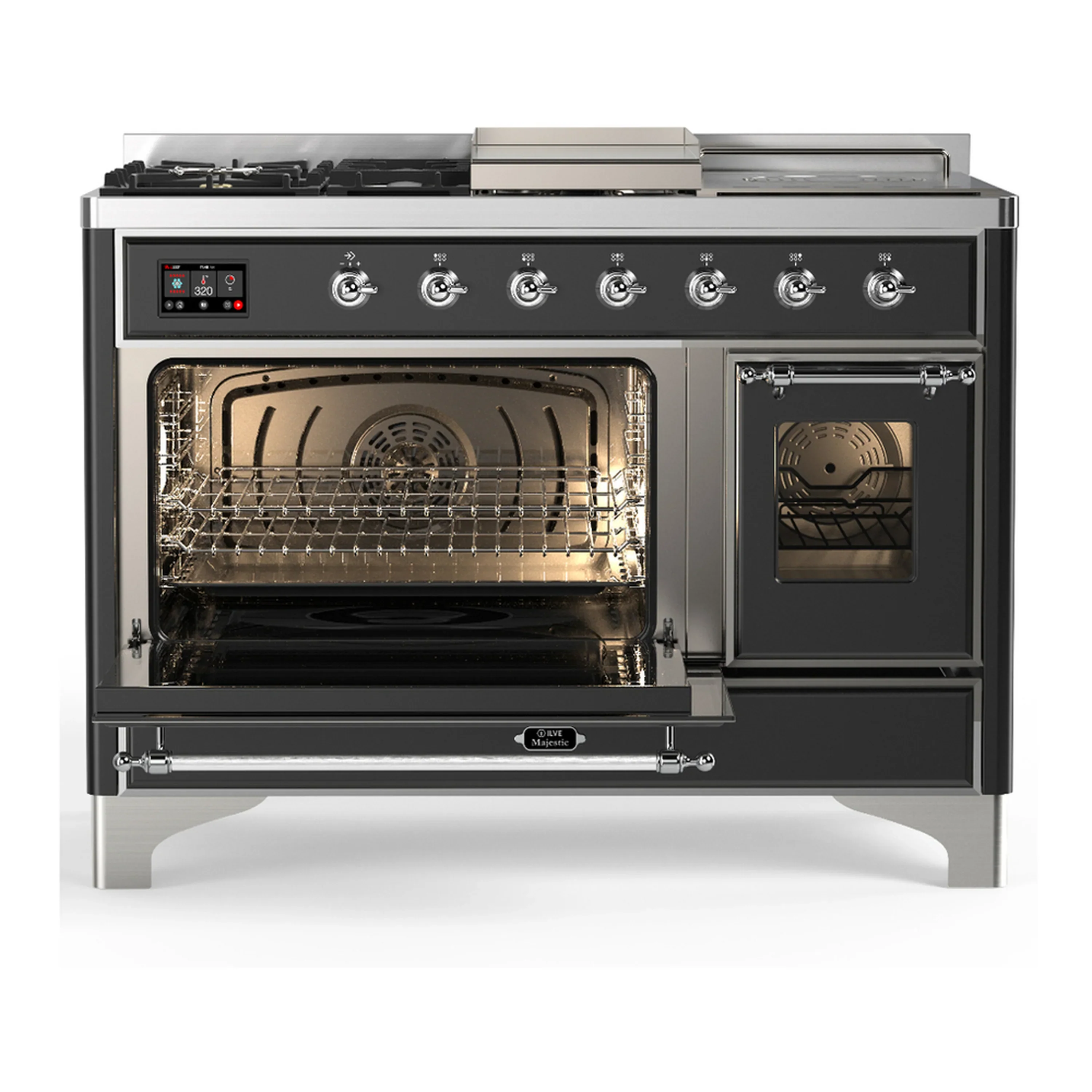 ILVE Majestic III 48-inch Dual Fuel Range with 5 Natural Gas Burner, Griddle, French Top and Triple Glass Door Electric Oven in Graphite Matte with Chrome Trim (UM48FSNR3MGC) - Image 5