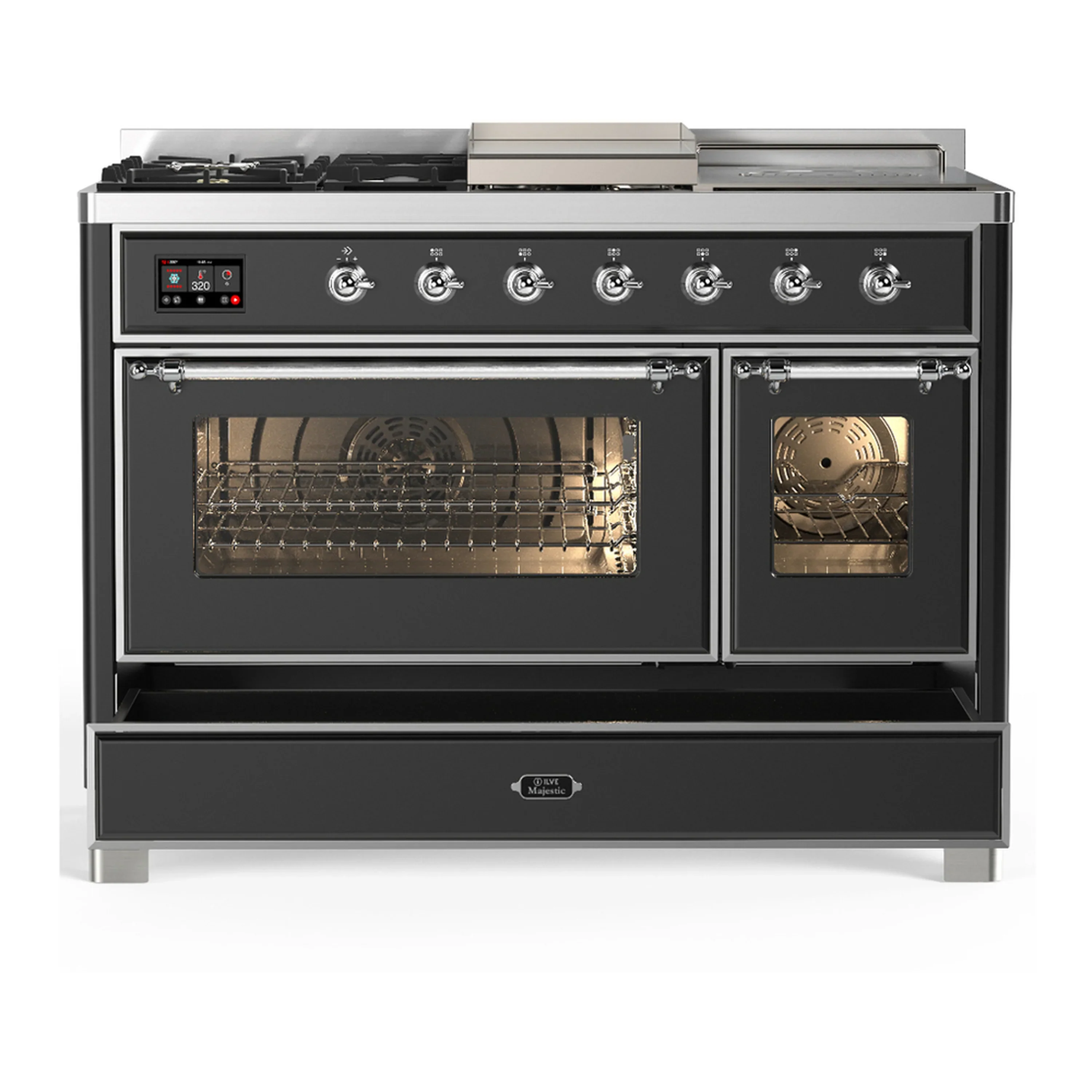 ILVE Majestic III 48-inch Dual Fuel Range with 5 Liquid Propane Burner, Griddle, French Top and Triple Glass Door Electric Oven in Graphite Matte with Chrome Trim (UM48FSNR3MGCLP) - Image 3