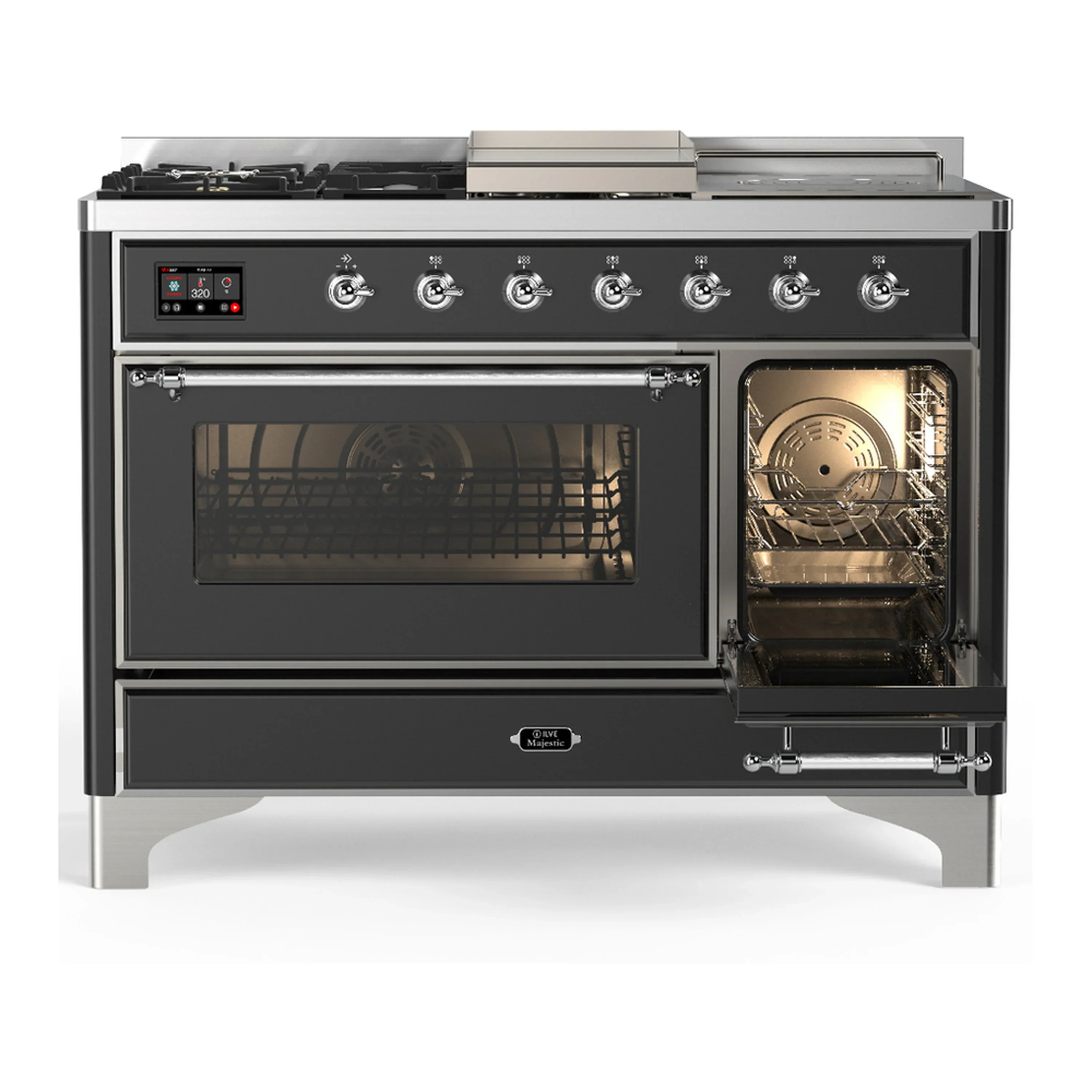 ILVE Majestic III 48-inch Dual Fuel Range with 5 Liquid Propane Burner, Griddle, French Top and Triple Glass Door Electric Oven in Graphite Matte with Chrome Trim (UM48FSNR3MGCLP) - Image 4