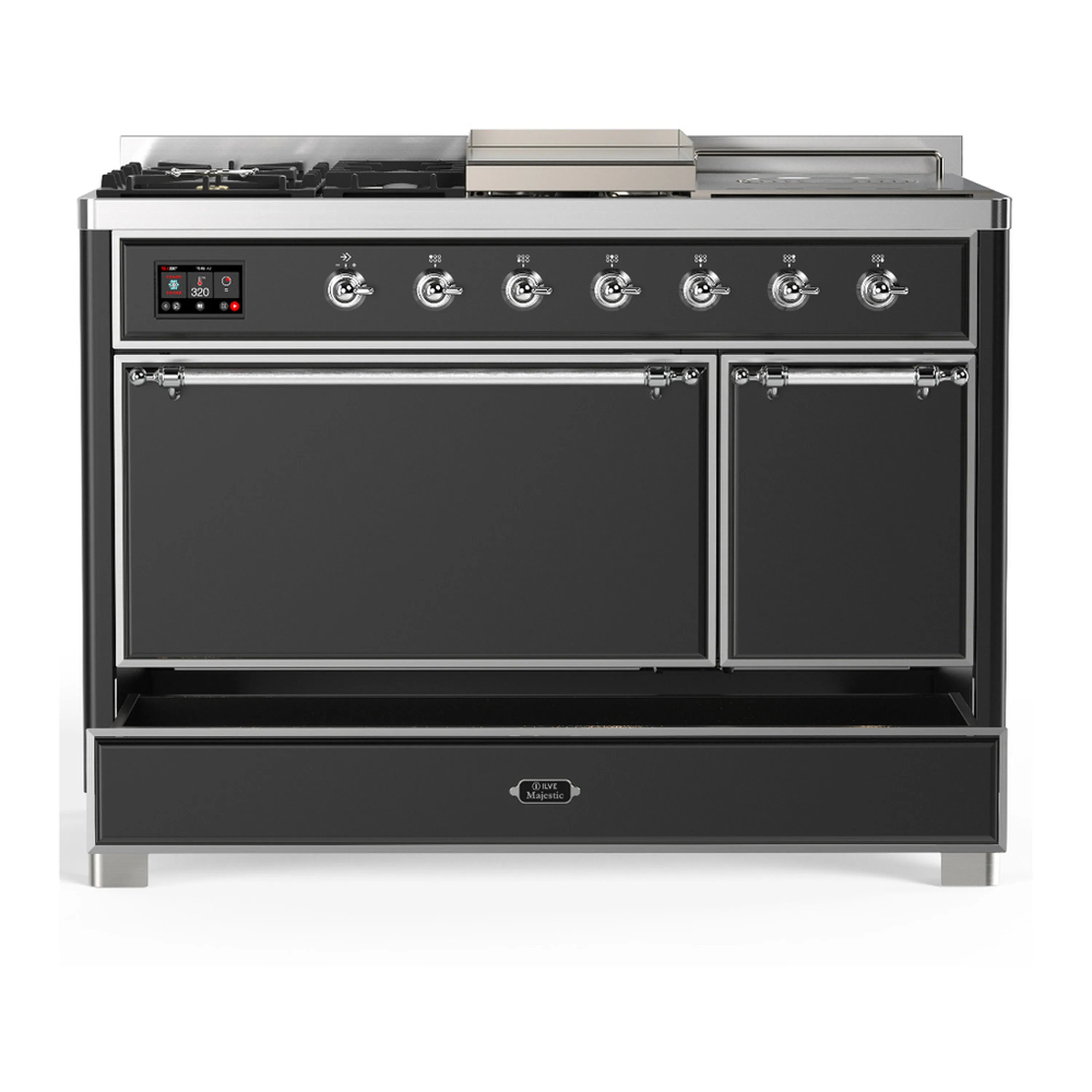 ILVE Majestic III 48-inch Dual Fuel Range with 5 Liquid Propane Burner, Griddle, French Top and Solid Door Electric Oven in Graphite Matte with Chrome Trim (UM48FSQNR3MGCLP) - Image 3