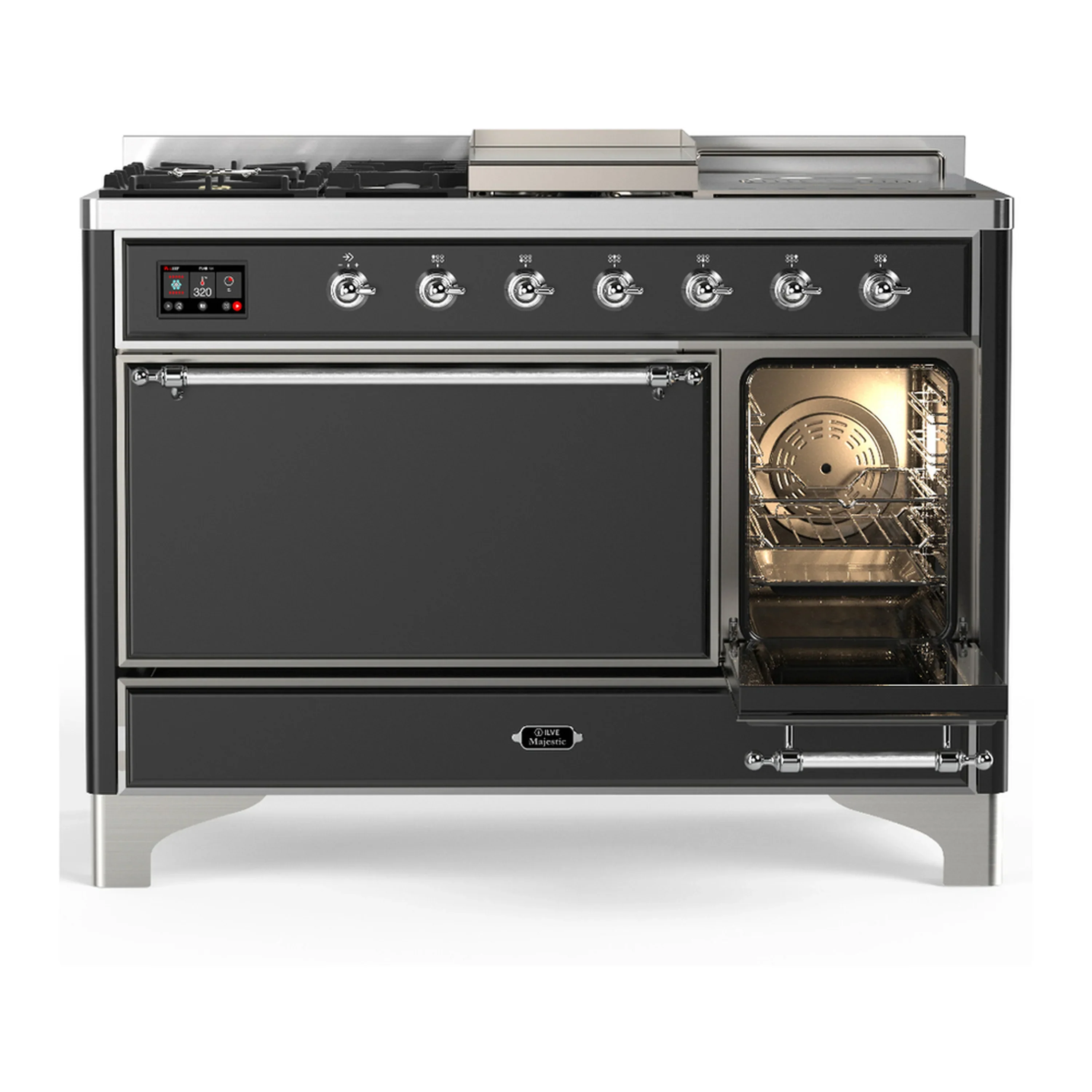ILVE Majestic III 48-inch Dual Fuel Range with 5 Liquid Propane Burner, Griddle, French Top and Solid Door Electric Oven in Graphite Matte with Chrome Trim (UM48FSQNR3MGCLP) - Image 4