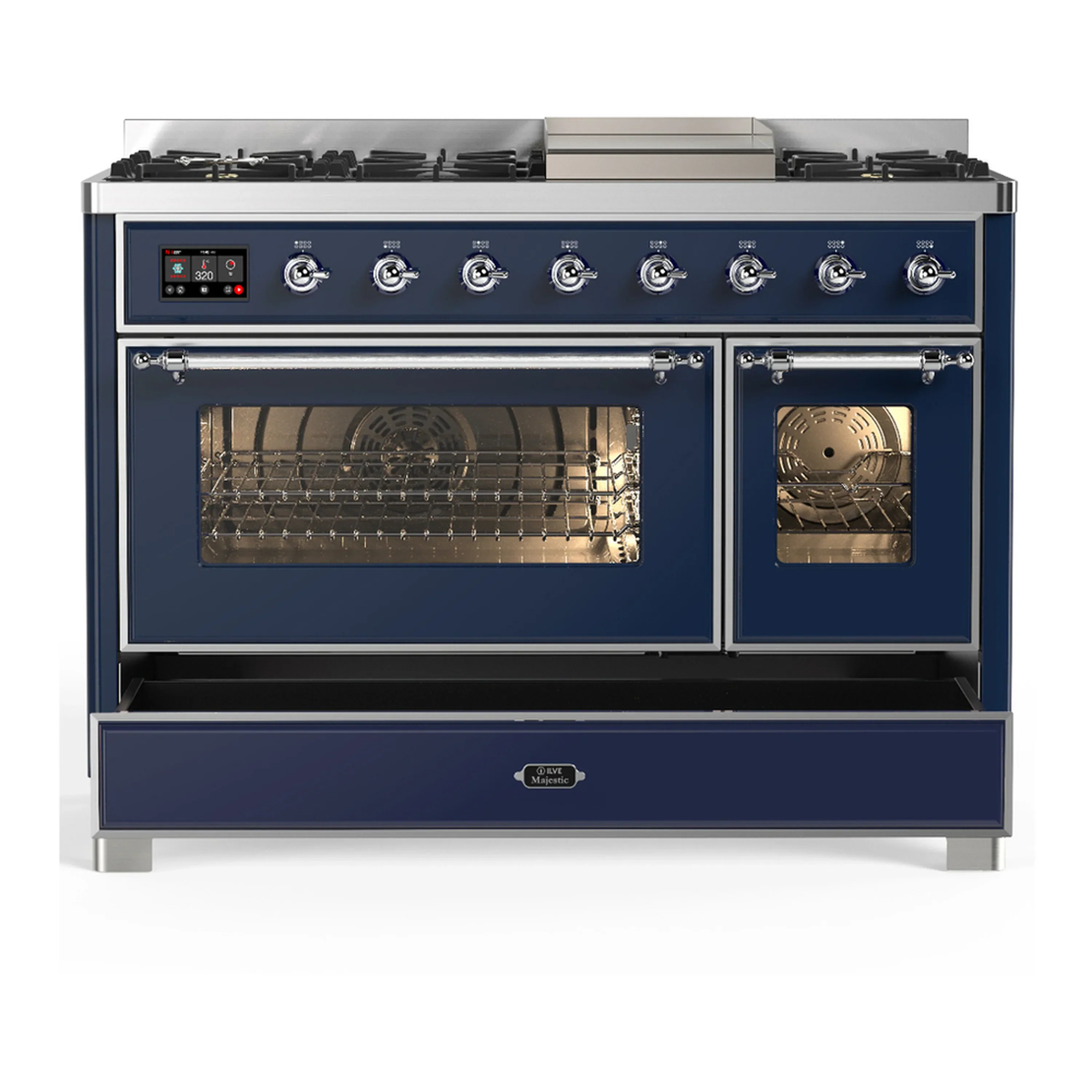 ILVE Majestic III 48-inch Dual Fuel Range with 5 Natural Gas Burner, Griddle and Triple Glass Door Electric Oven in Midnight Blue with Chrome Trim (UM48FNR3MBC) - Image 3