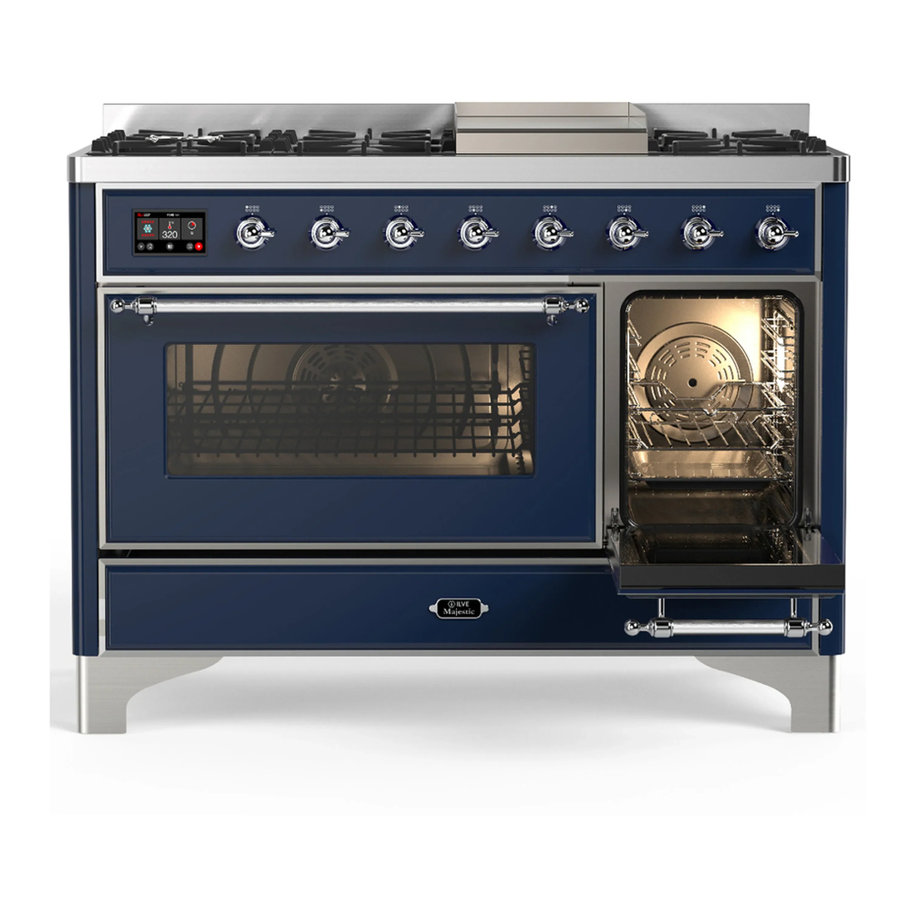 ILVE Majestic III 48-inch Dual Fuel Range with 5 Natural Gas Burner, Griddle and Triple Glass Door Electric Oven in Midnight Blue with Chrome Trim (UM48FNR3MBC) - Image 4