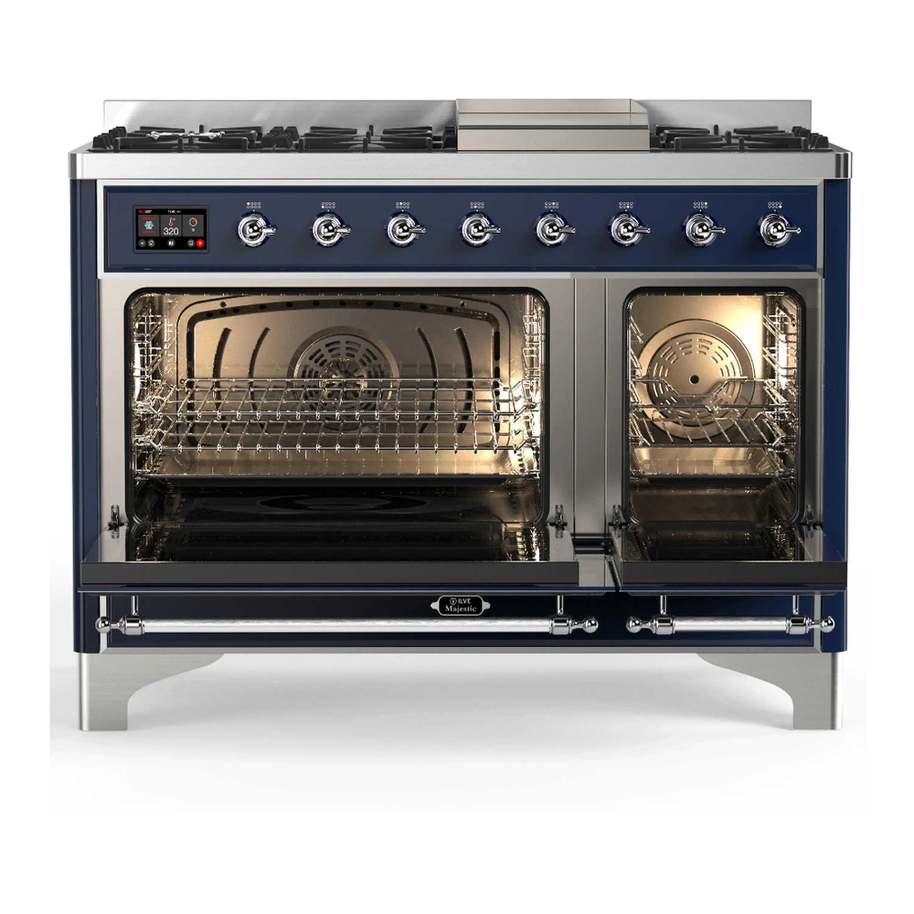 ILVE Majestic III 48-inch Dual Fuel Range with 5 Natural Gas Burner, Griddle and Triple Glass Door Electric Oven in Midnight Blue with Chrome Trim (UM48FNR3MBC) - Image 6