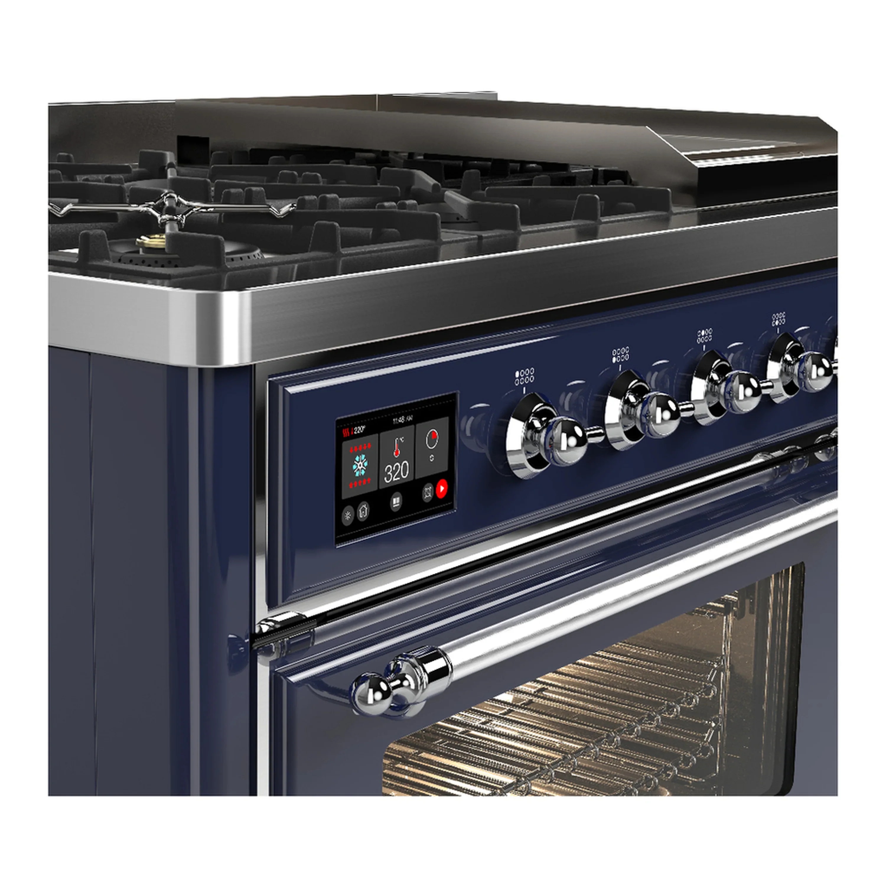 ILVE Majestic III 48-inch Dual Fuel Range with 5 Natural Gas Burner, Griddle and Triple Glass Door Electric Oven in Midnight Blue with Chrome Trim (UM48FNR3MBC) - Image 7