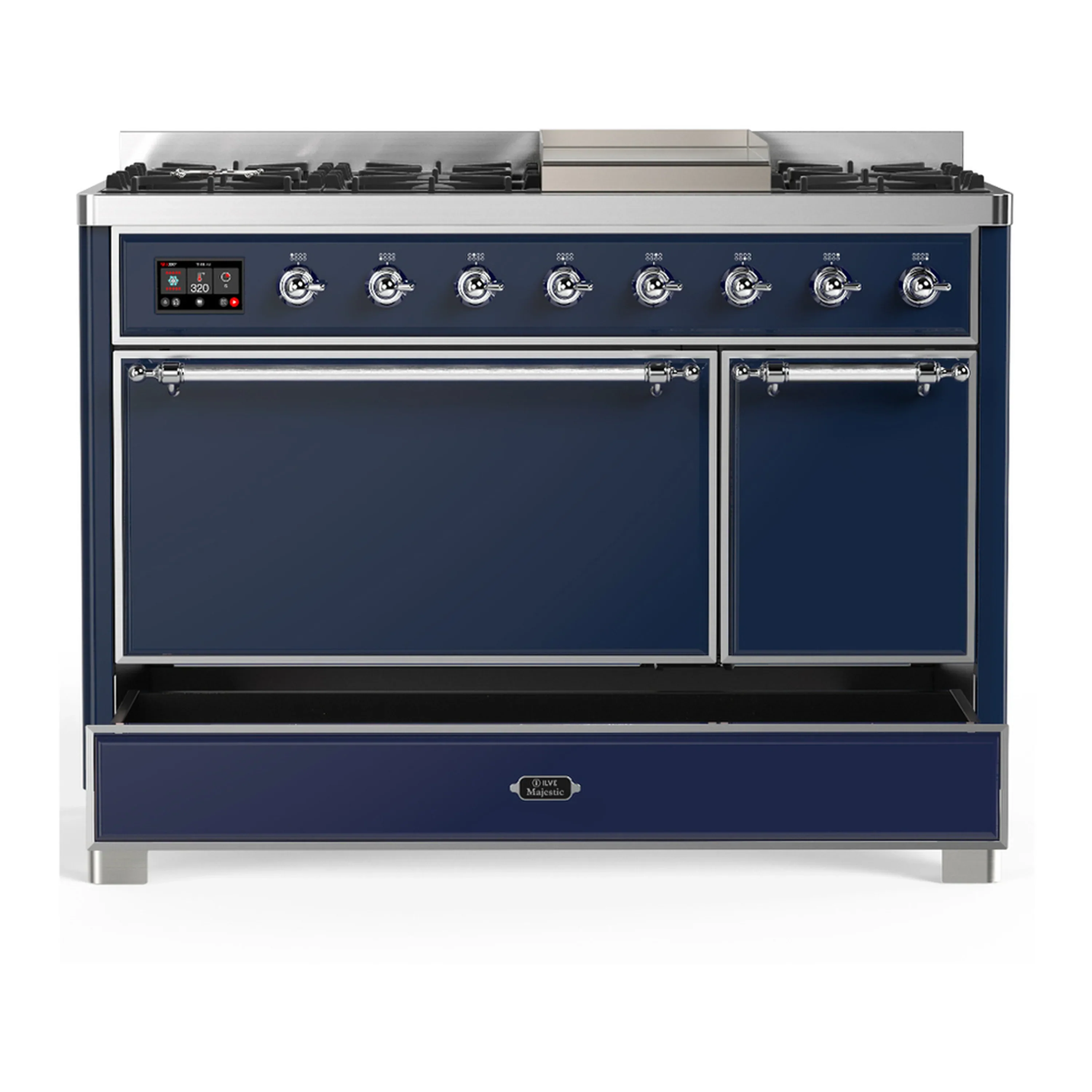 ILVE Majestic III 48-inch Dual Fuel Range with 5 Liquid Propane Burner, Griddle and Solid Door Electric Oven in Midnight Blue with Chrome Trim (UM48FQNR3MBCLP) - Image 3
