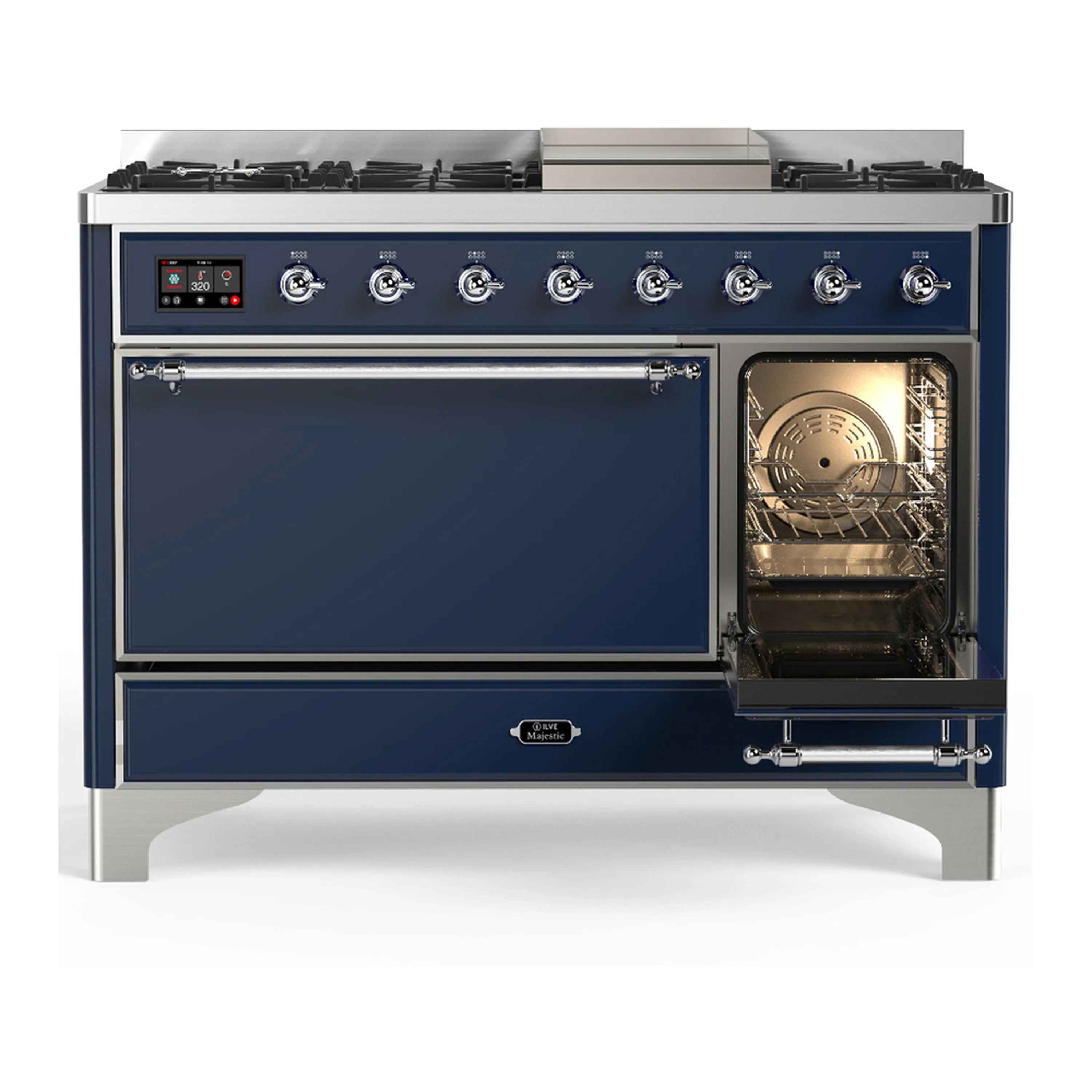 ILVE Majestic III 48-inch Dual Fuel Range with 5 Liquid Propane Burner, Griddle and Solid Door Electric Oven in Midnight Blue with Chrome Trim (UM48FQNR3MBCLP) - Image 4