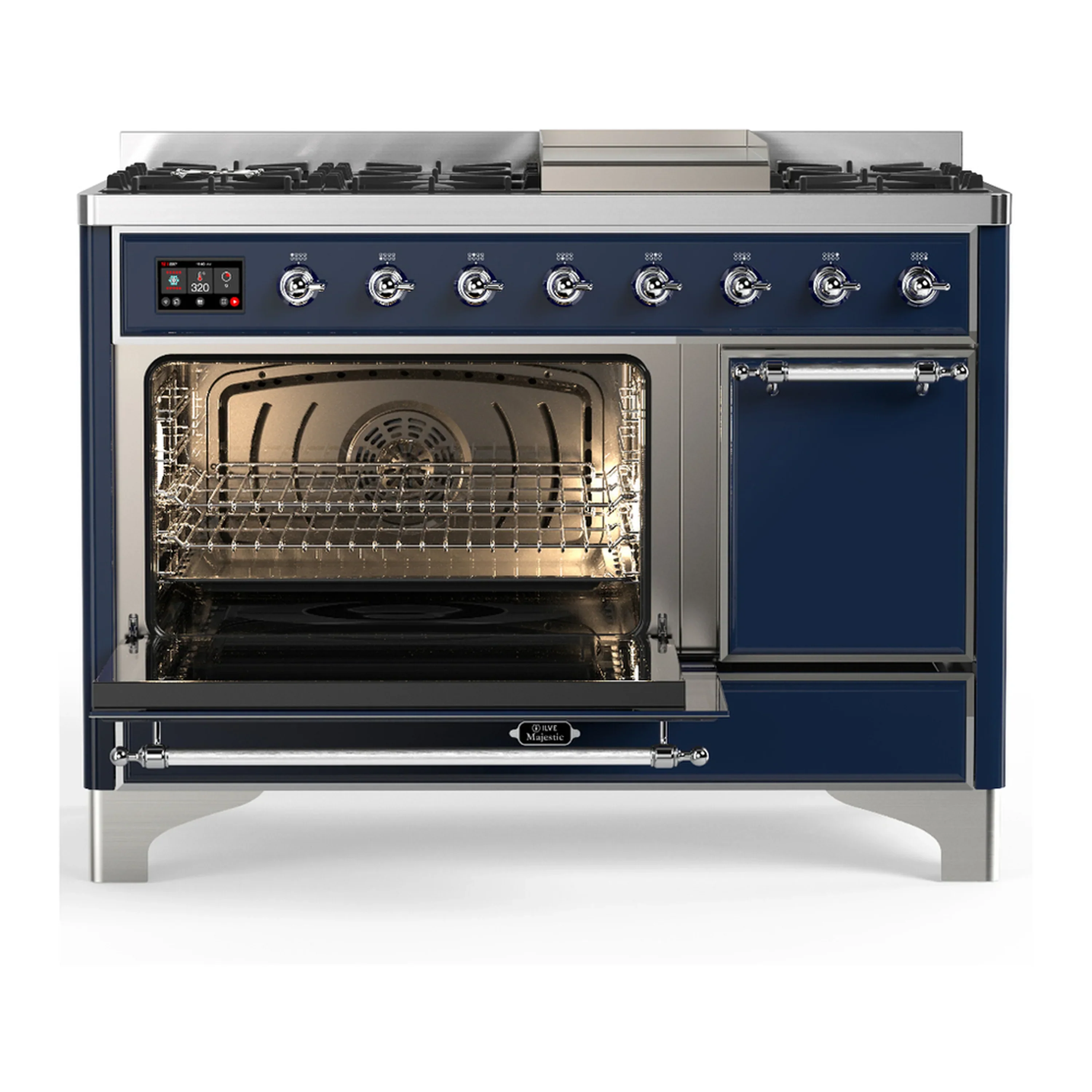 ILVE Majestic III 48-inch Dual Fuel Range with 5 Liquid Propane Burner, Griddle and Solid Door Electric Oven in Midnight Blue with Chrome Trim (UM48FQNR3MBCLP) - Image 5